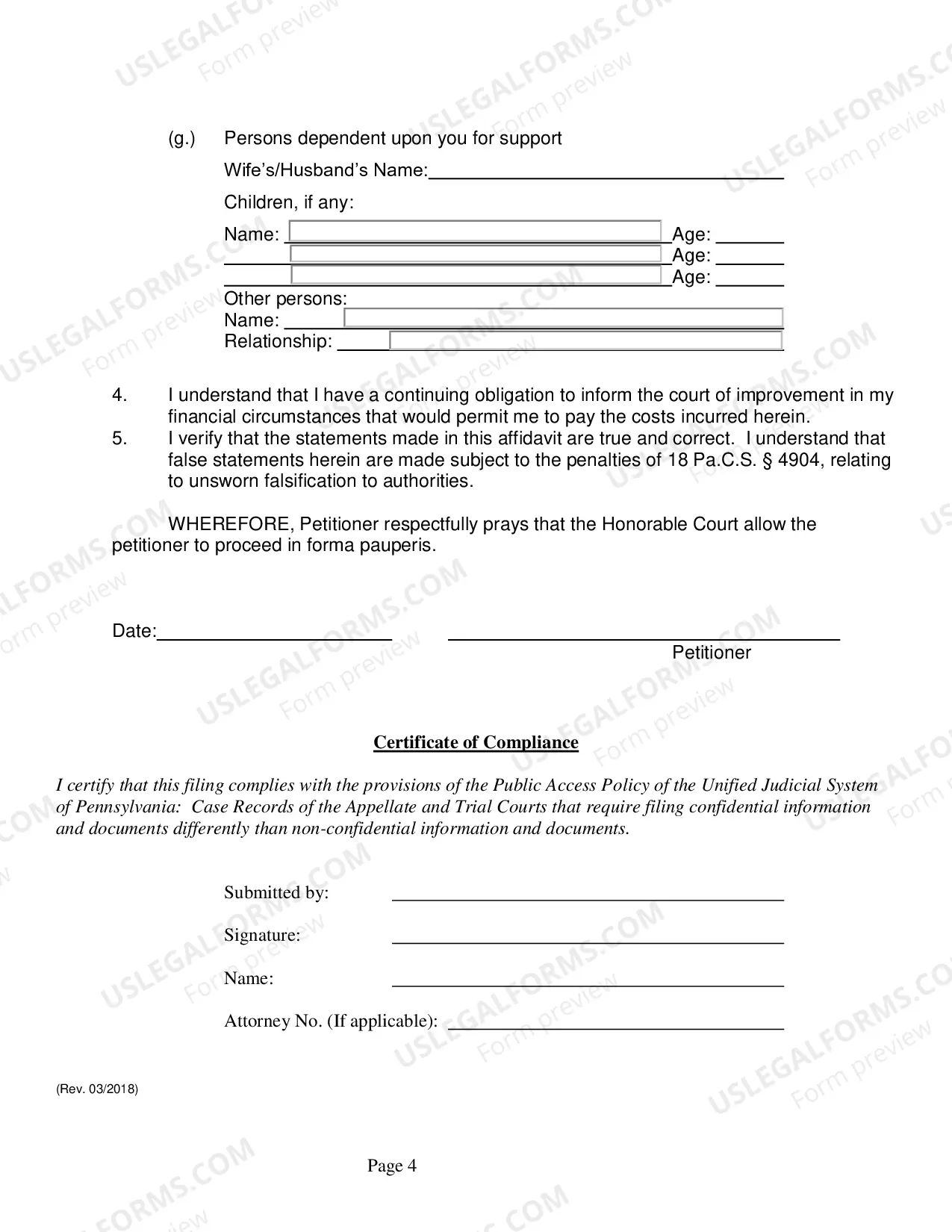 Preview in Forma Pauperis Petition and Order