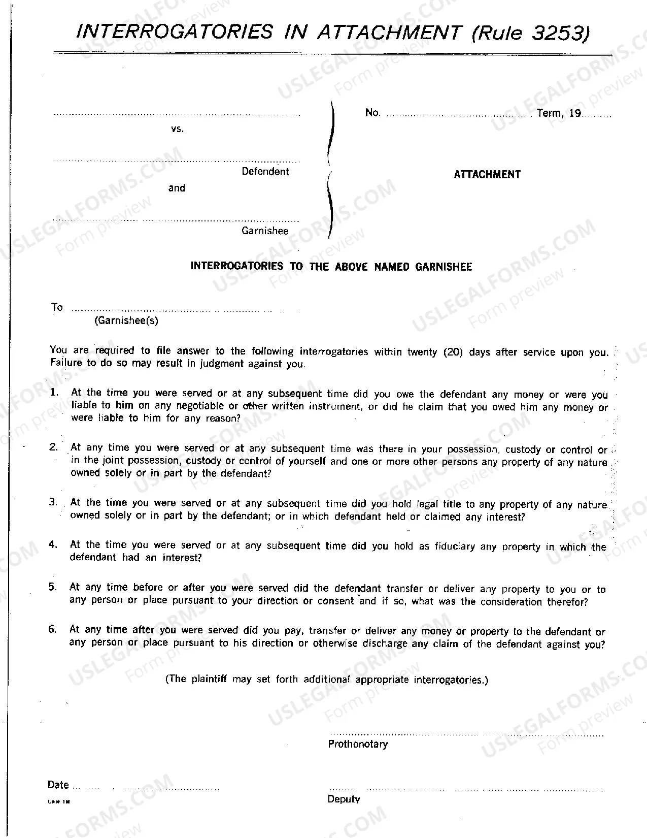 Preview interrogatories to Above-Named Garnishee (Attachment Execution)