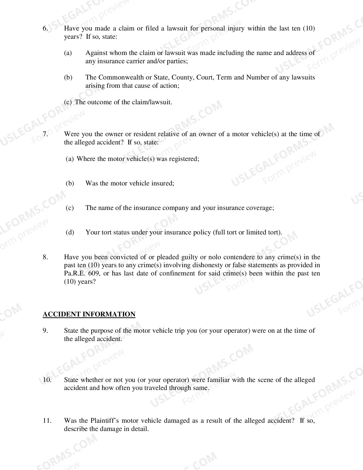 Preview Defendants Interrogatories Addressed to Plaintiff (Motor Vehicle Liability Cases)