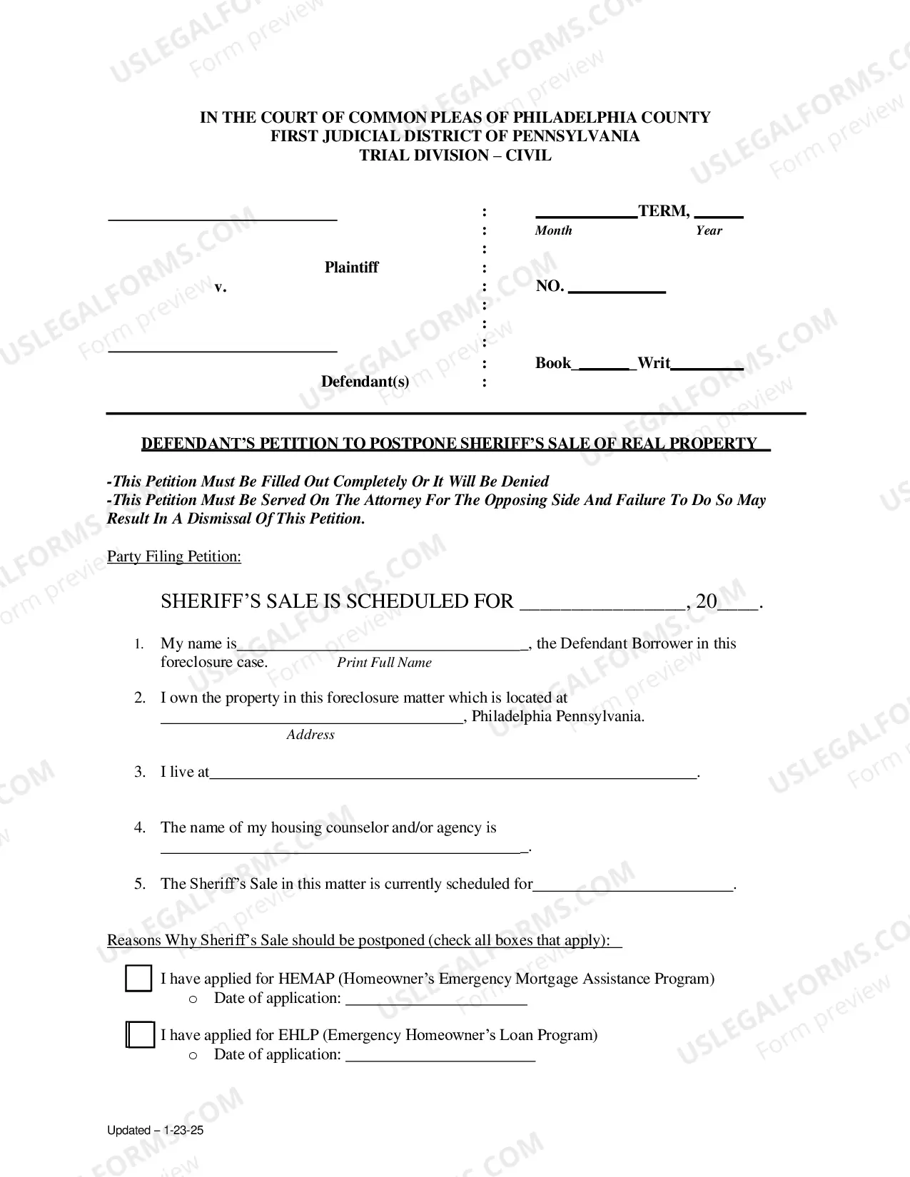 Preview Petition to Postpone Sheriffs Sale (Packet)