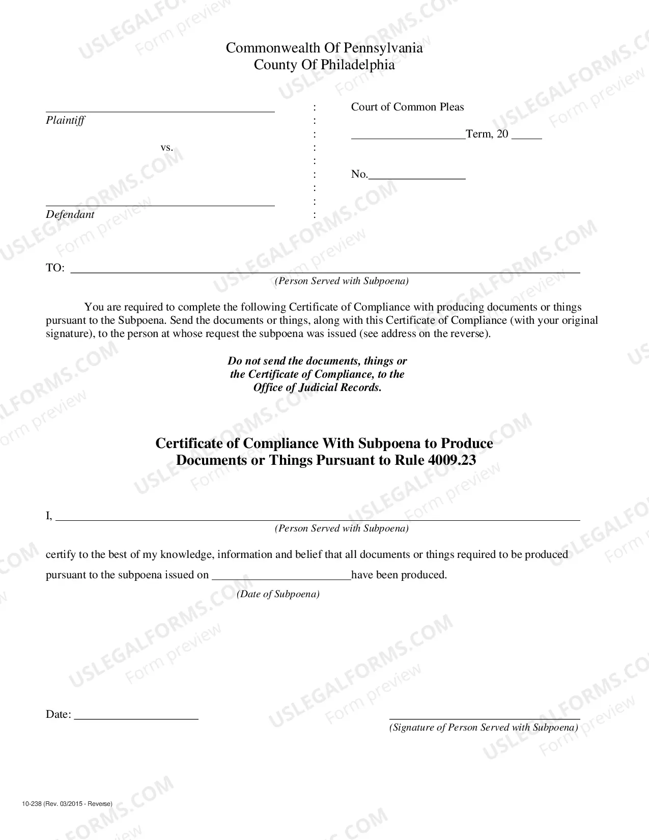 Preview Subpoena to Produce Documents Or Things For Discovery Pursuant to Rule 4009.22