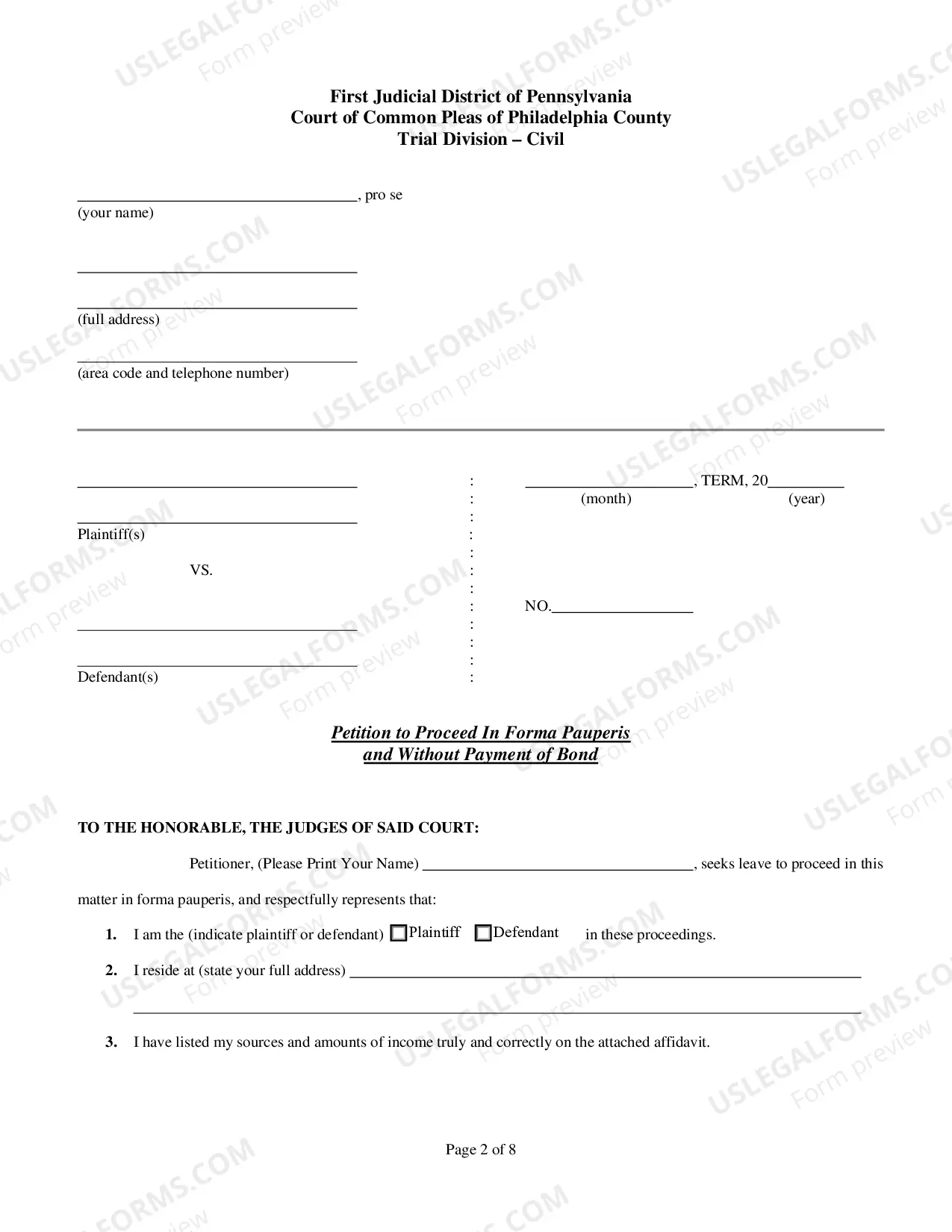 Preview Petition to Proceed In Forma Pauperis