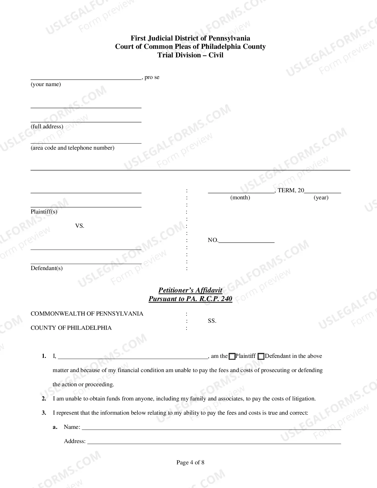 Preview Petition to Proceed In Forma Pauperis