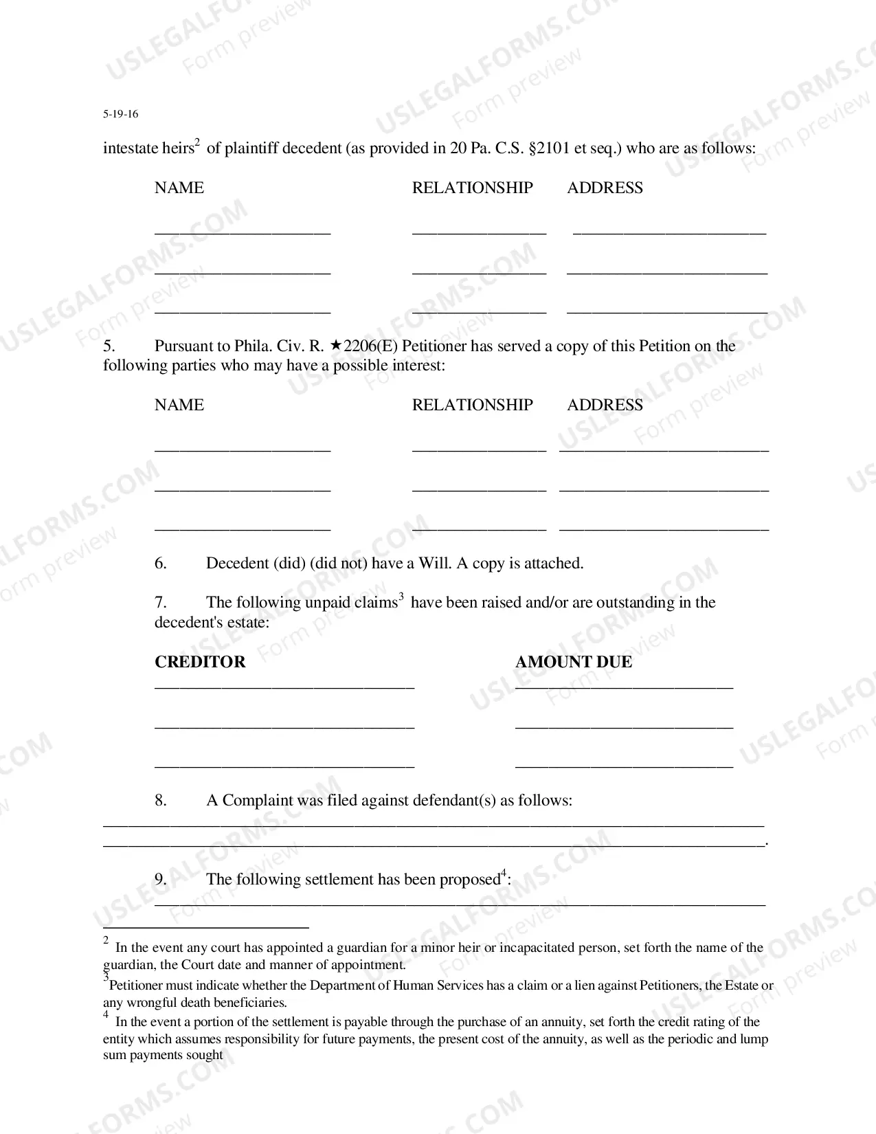 Preview Petition to Settle Wrongful Death And Survival Actions