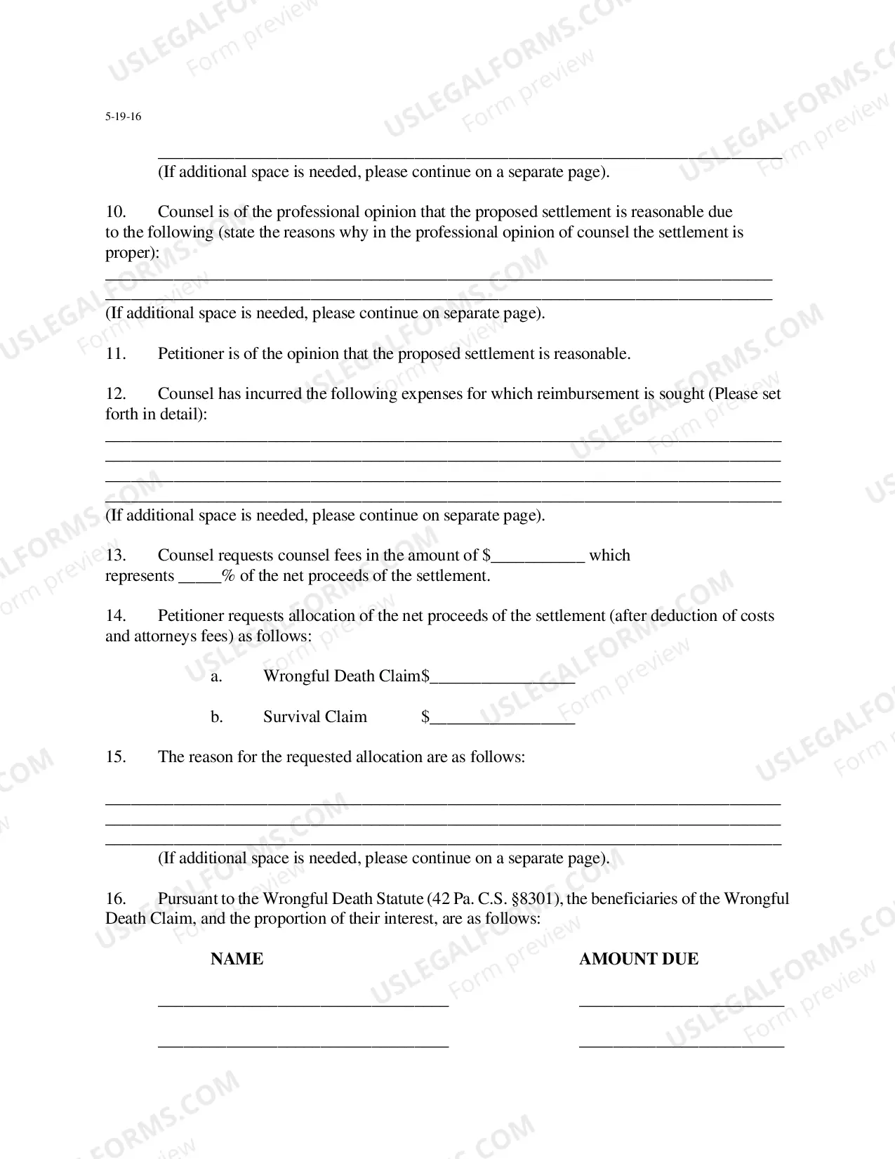 Preview Petition to Settle Wrongful Death And Survival Actions