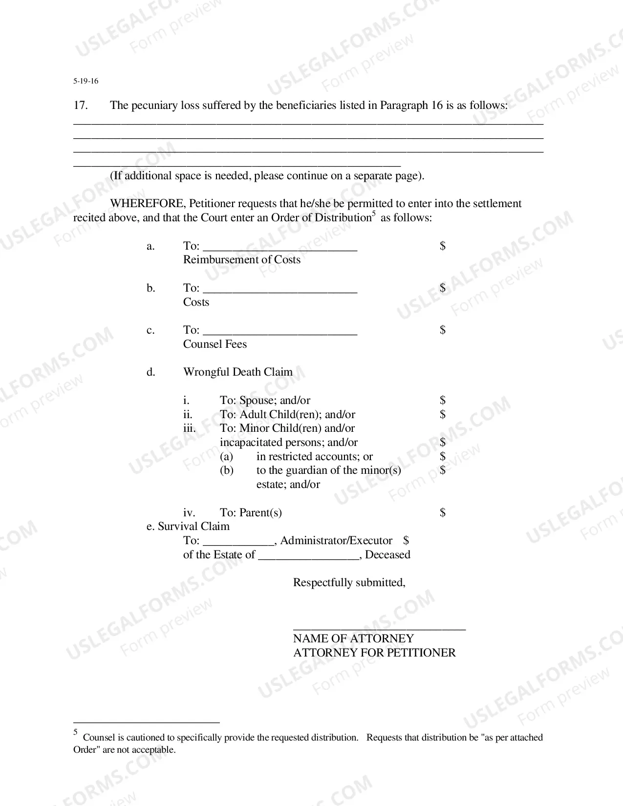 Preview Petition to Settle Wrongful Death And Survival Actions