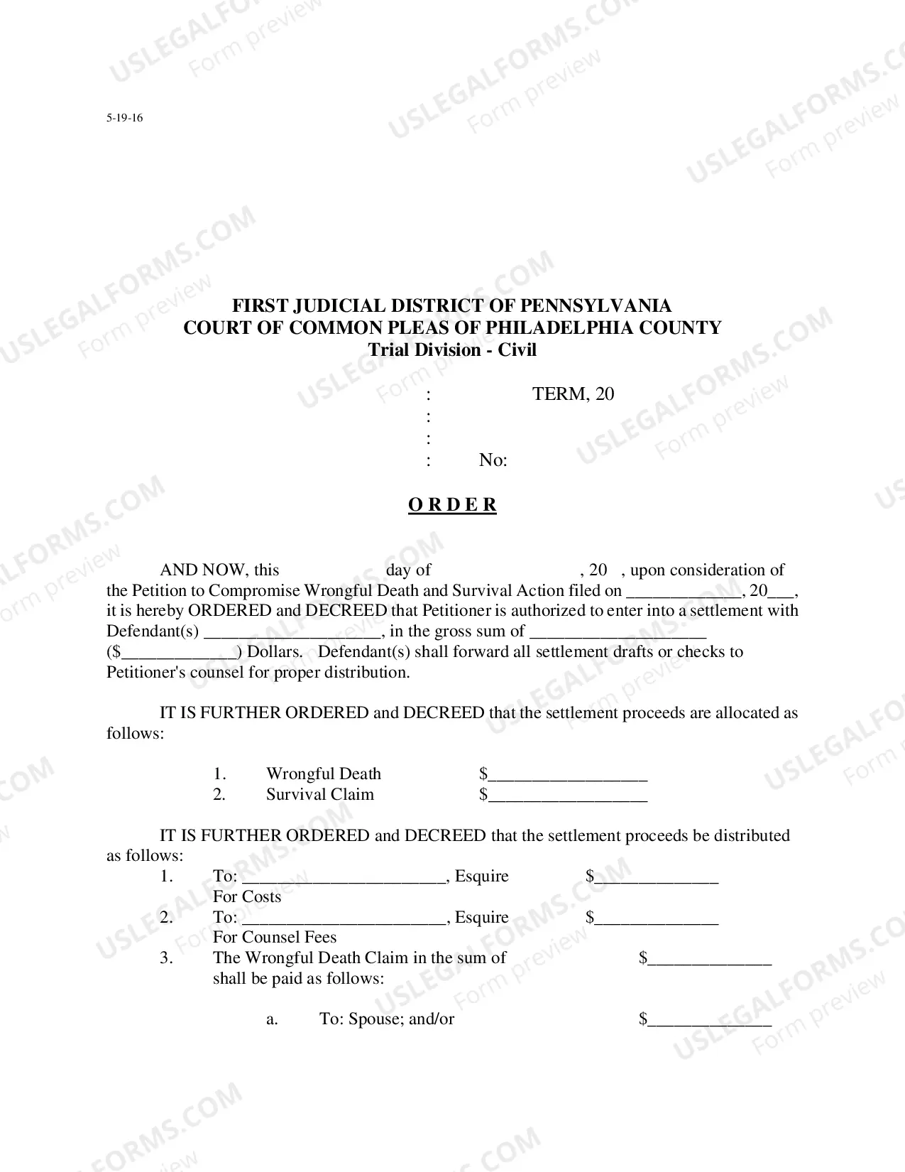 Preview Petition to Settle Wrongful Death And Survival Actions