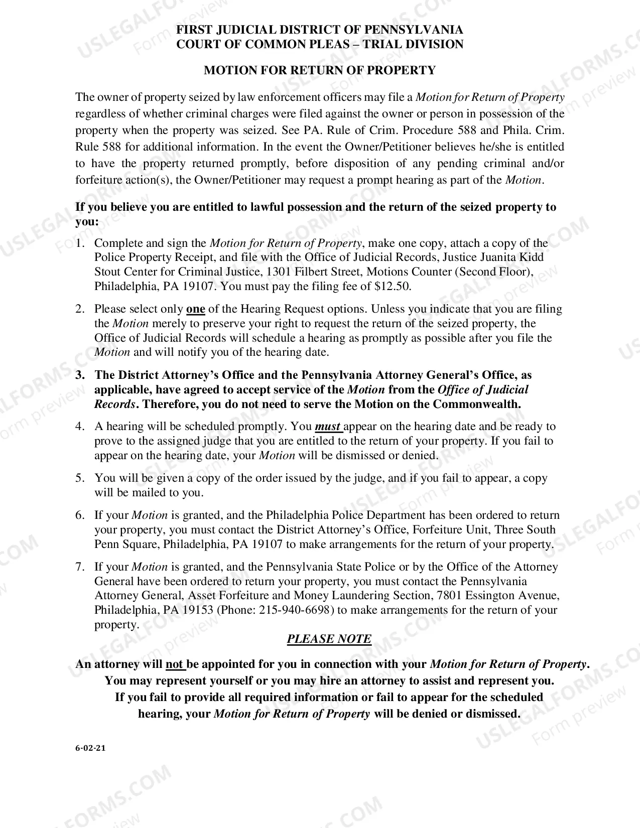 Preview Motion for Return of Property Packet