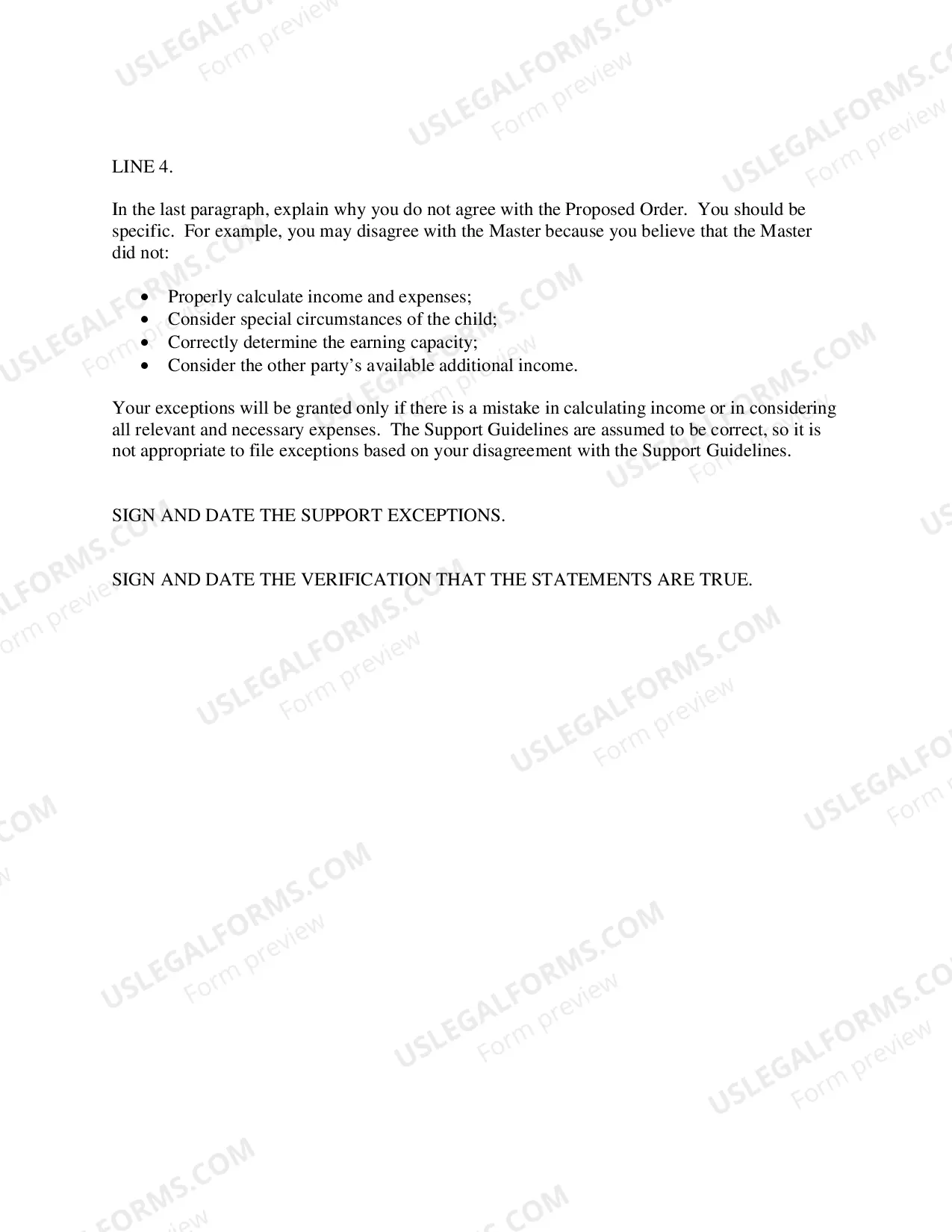 Preview Exceptions to Recommendation of Support Master