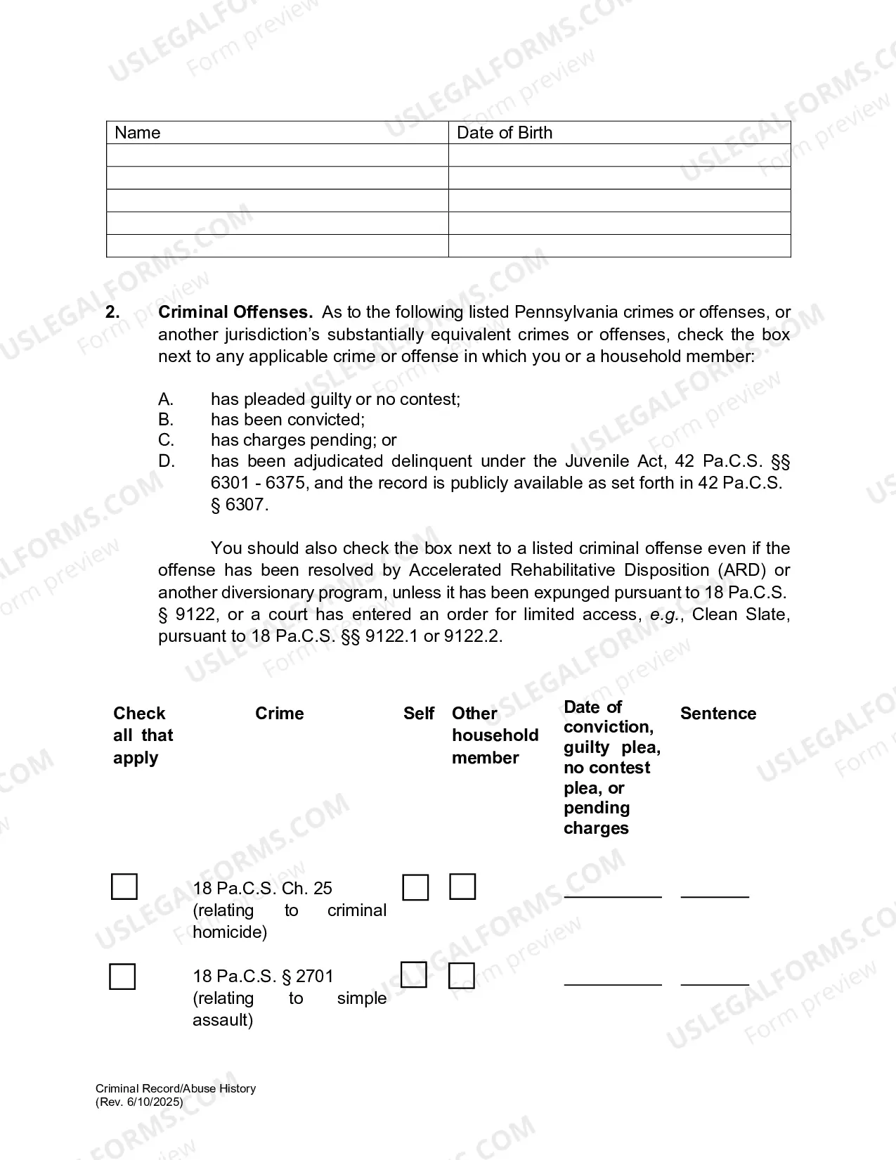 Preview Criminal Record and Abuse History with Instructions