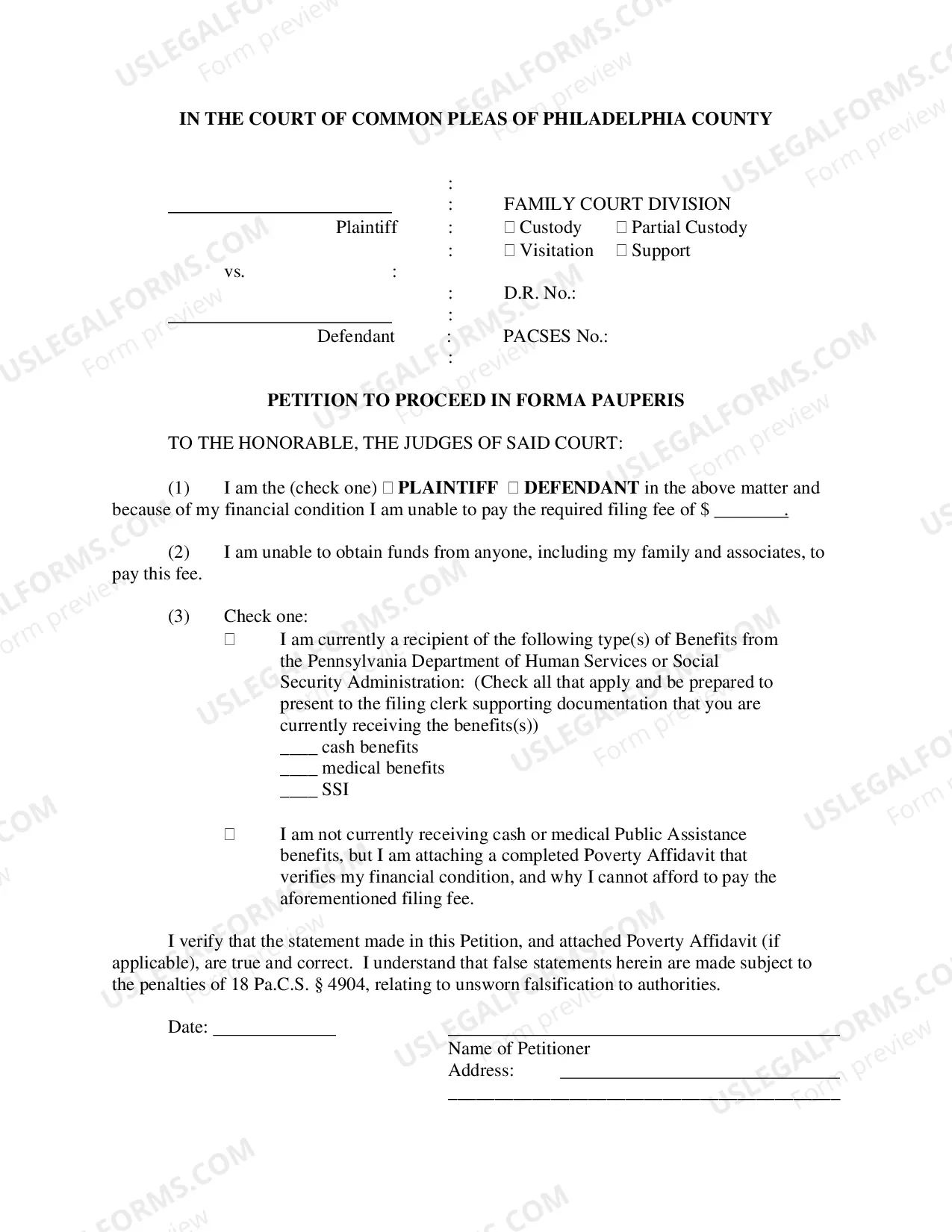 Preview Petition to proceed in Forma Pauperis (IFP)