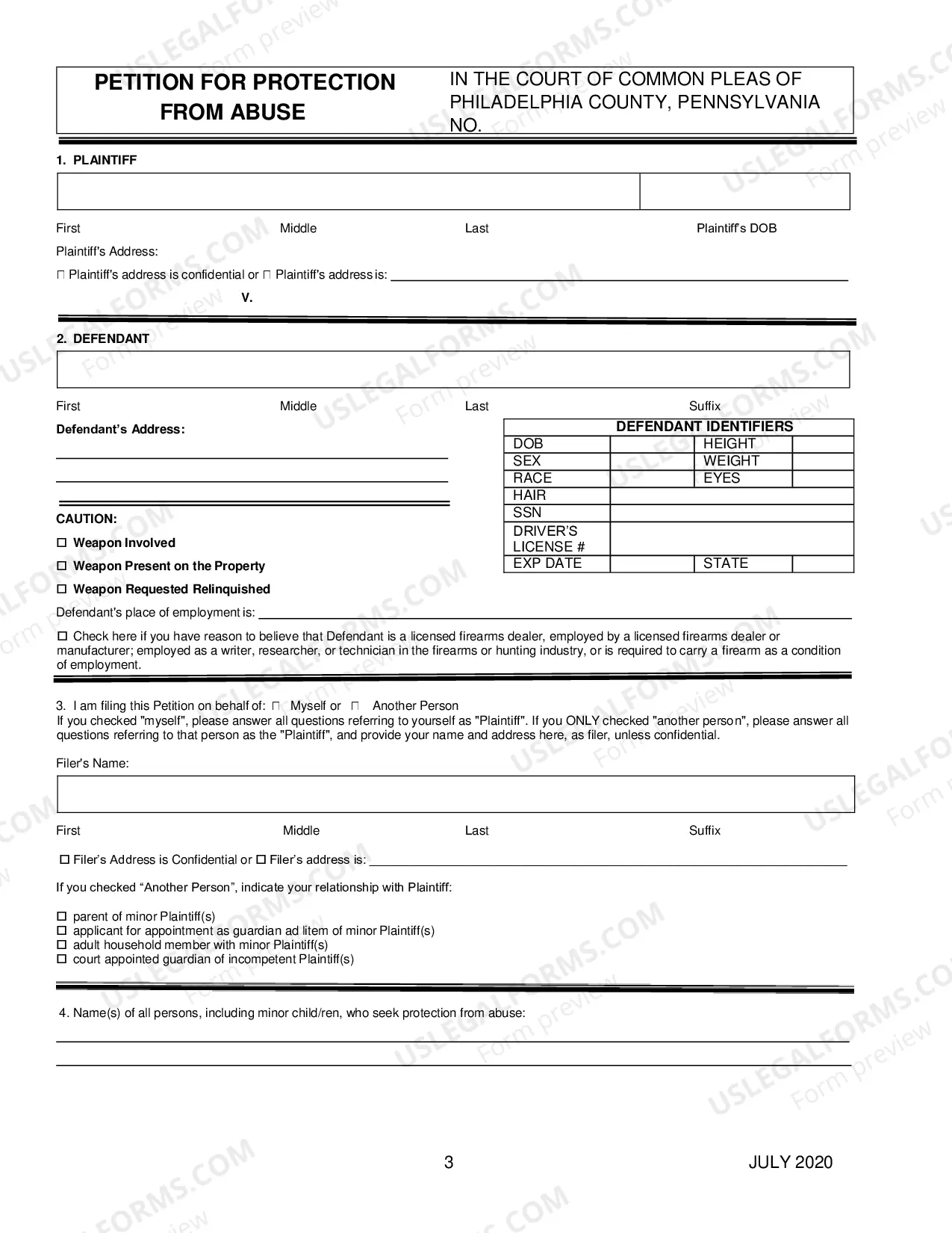 Preview Petition for Protection From Abuse with instructions
