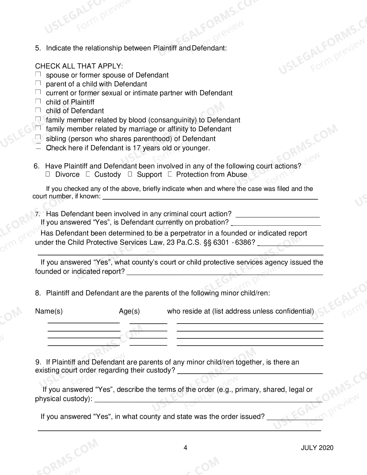 Preview Petition for Protection From Abuse with instructions