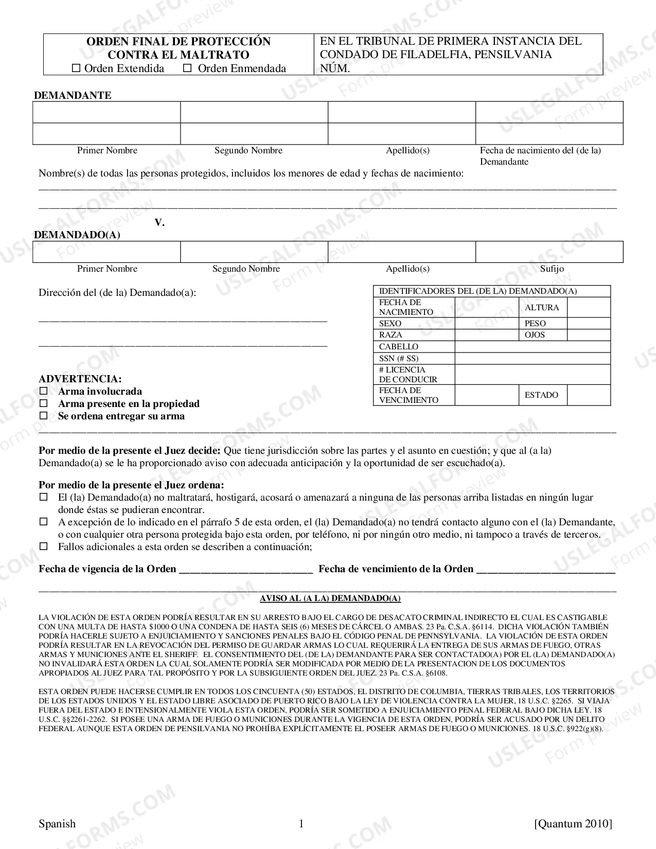 Preview Final Protection From Abuse Order - Spanish Translation