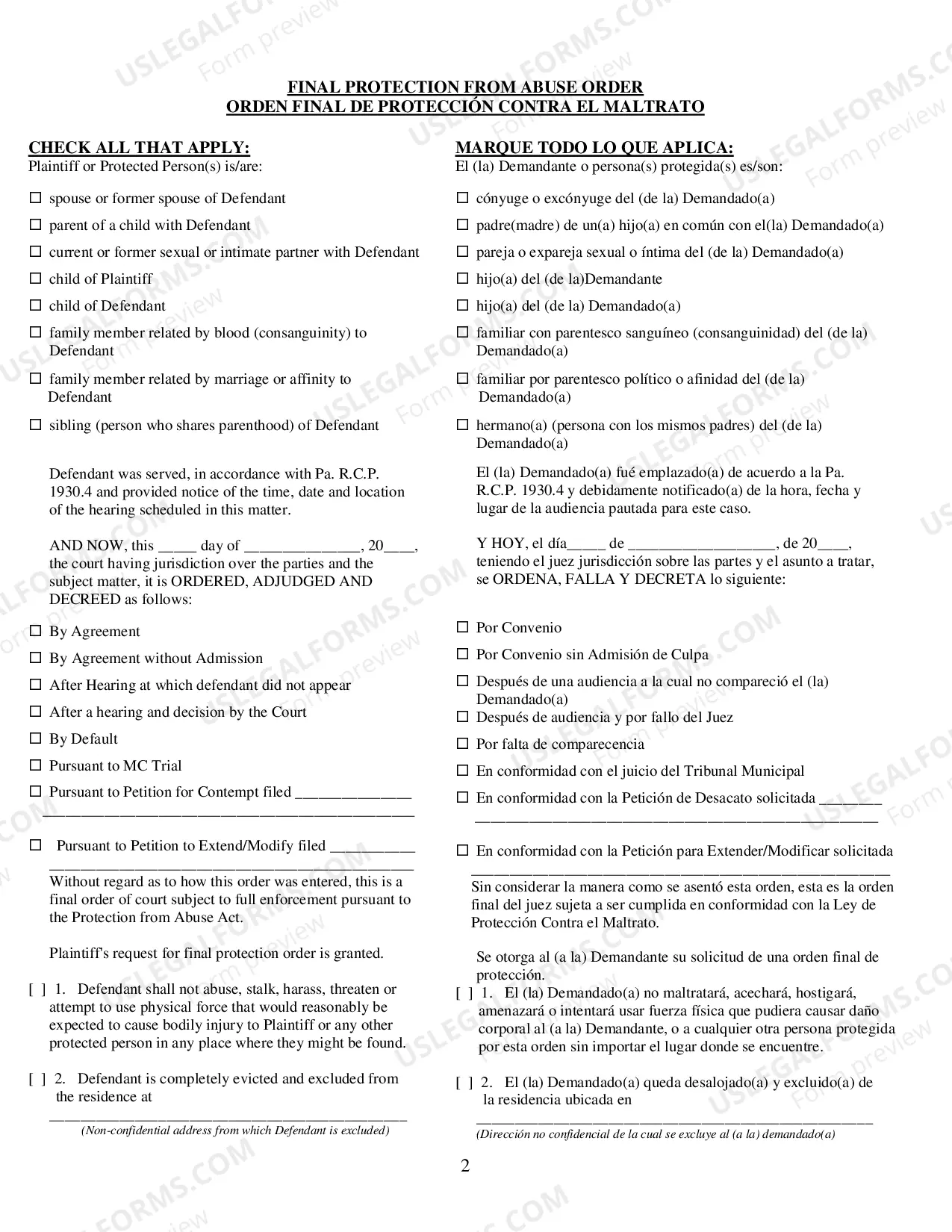 Preview Final Protection From Abuse Order - Spanish Translation