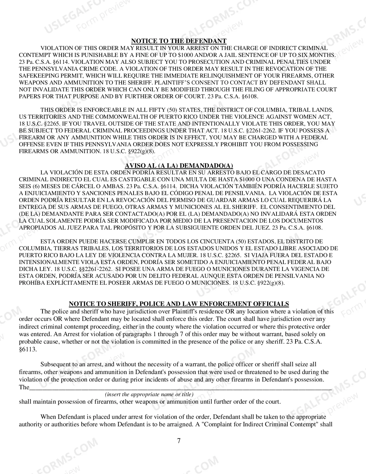 Preview Final Protection From Abuse Order - Spanish Translation