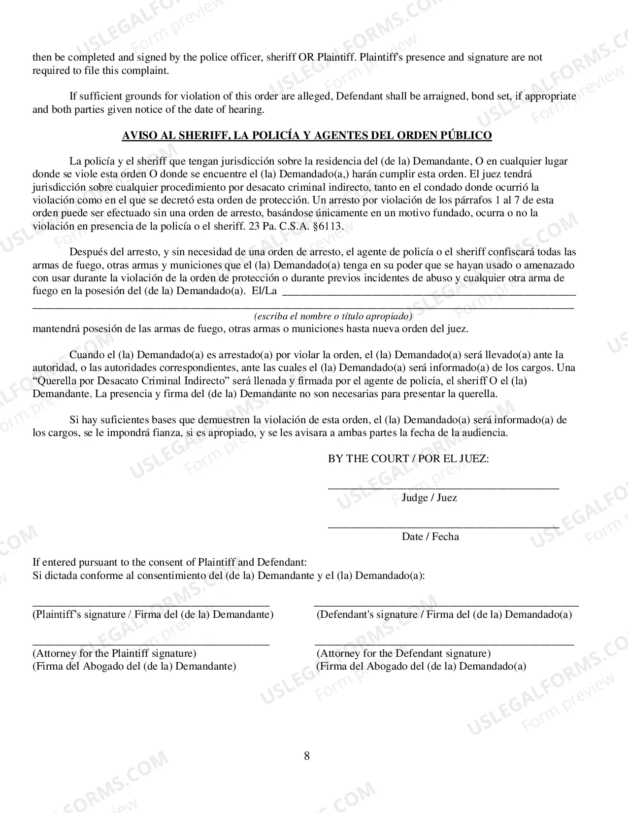 Preview Final Protection From Abuse Order - Spanish Translation