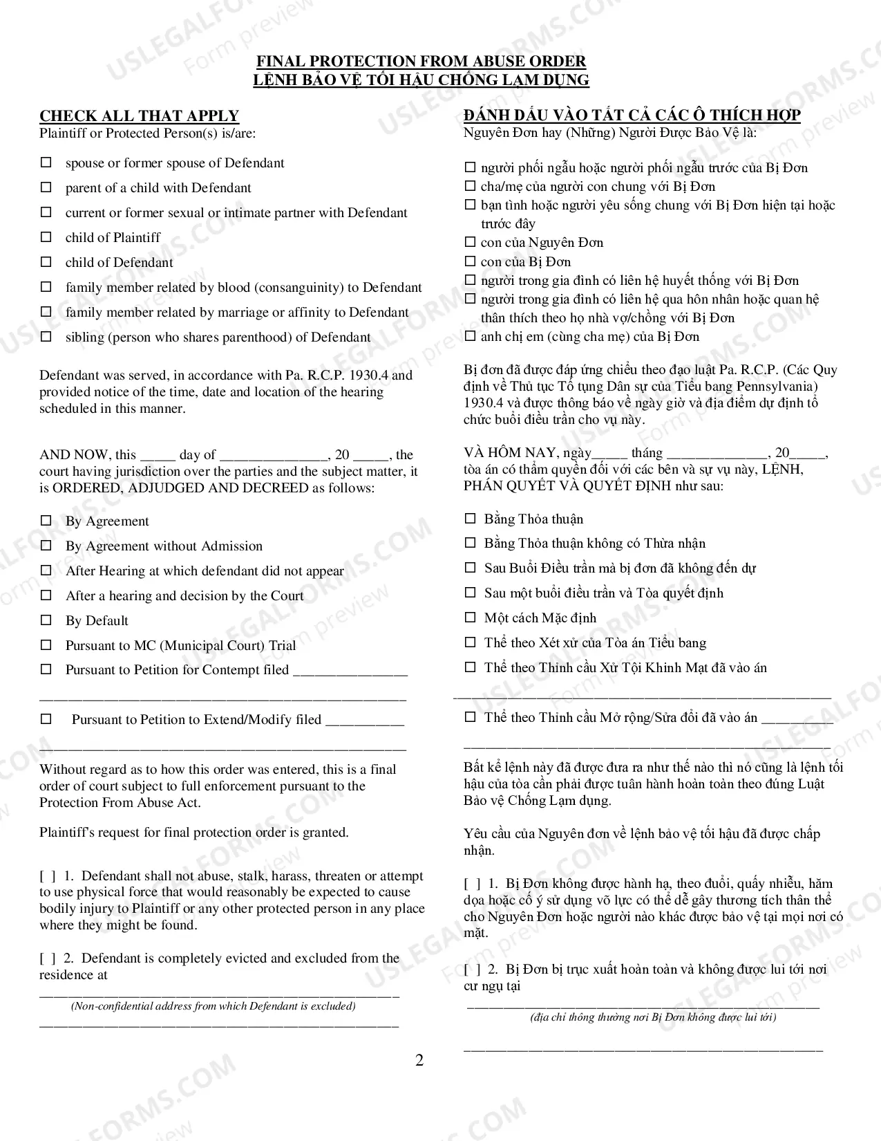 Preview Final Protection From Abuse Order - Vietnamese Translation