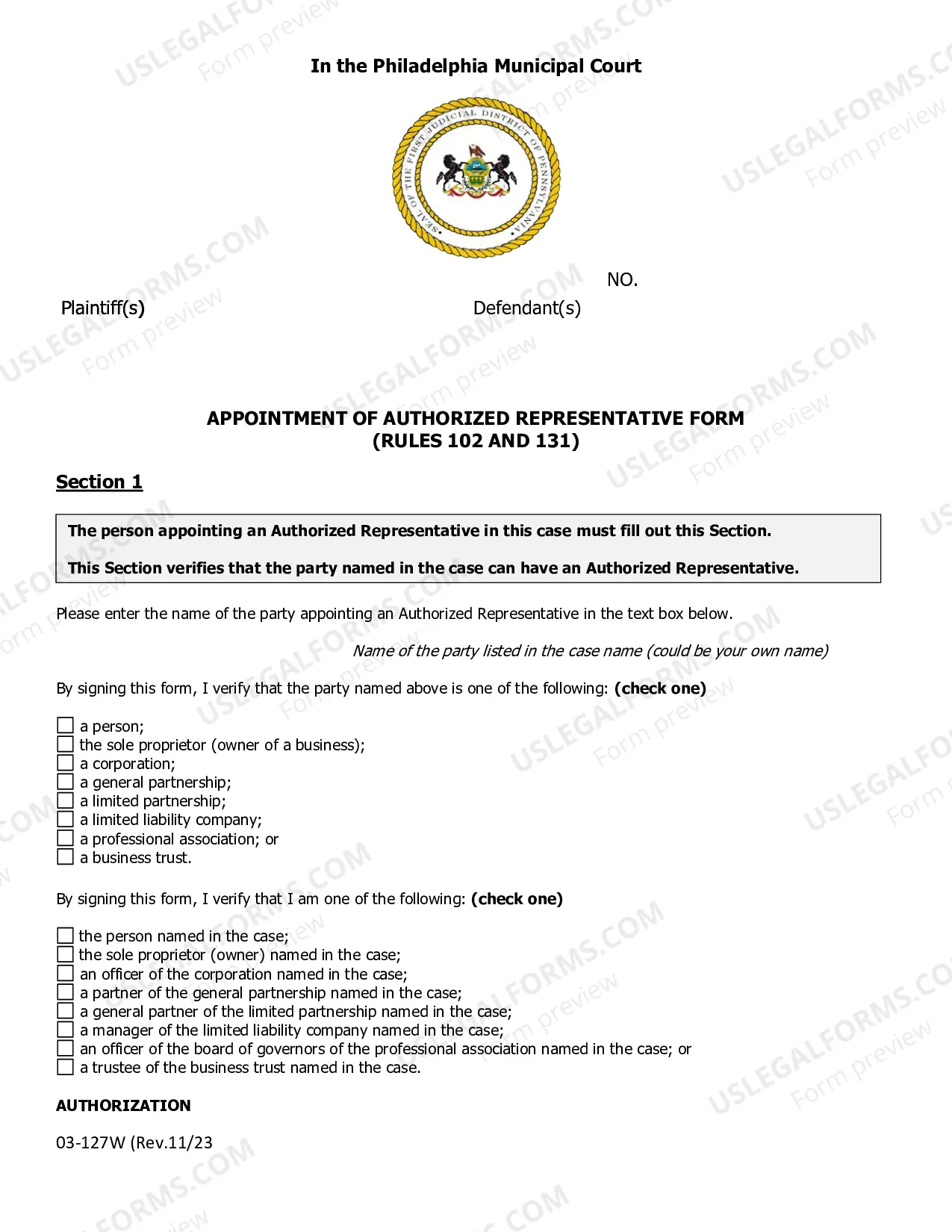 Preview 03-127W Appointment of Authorized Representative