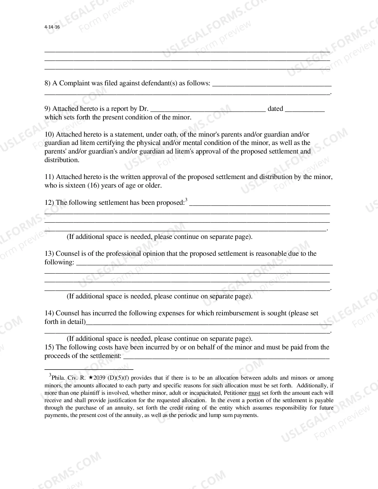 Preview Petition to Settle a Minor's Compromise