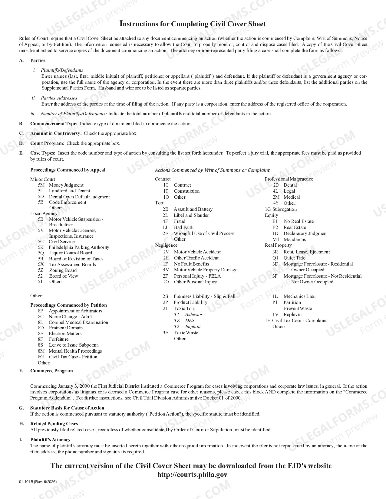 Preview Civil Cover Sheet and Commerce Program Addendum - Form 01-101B