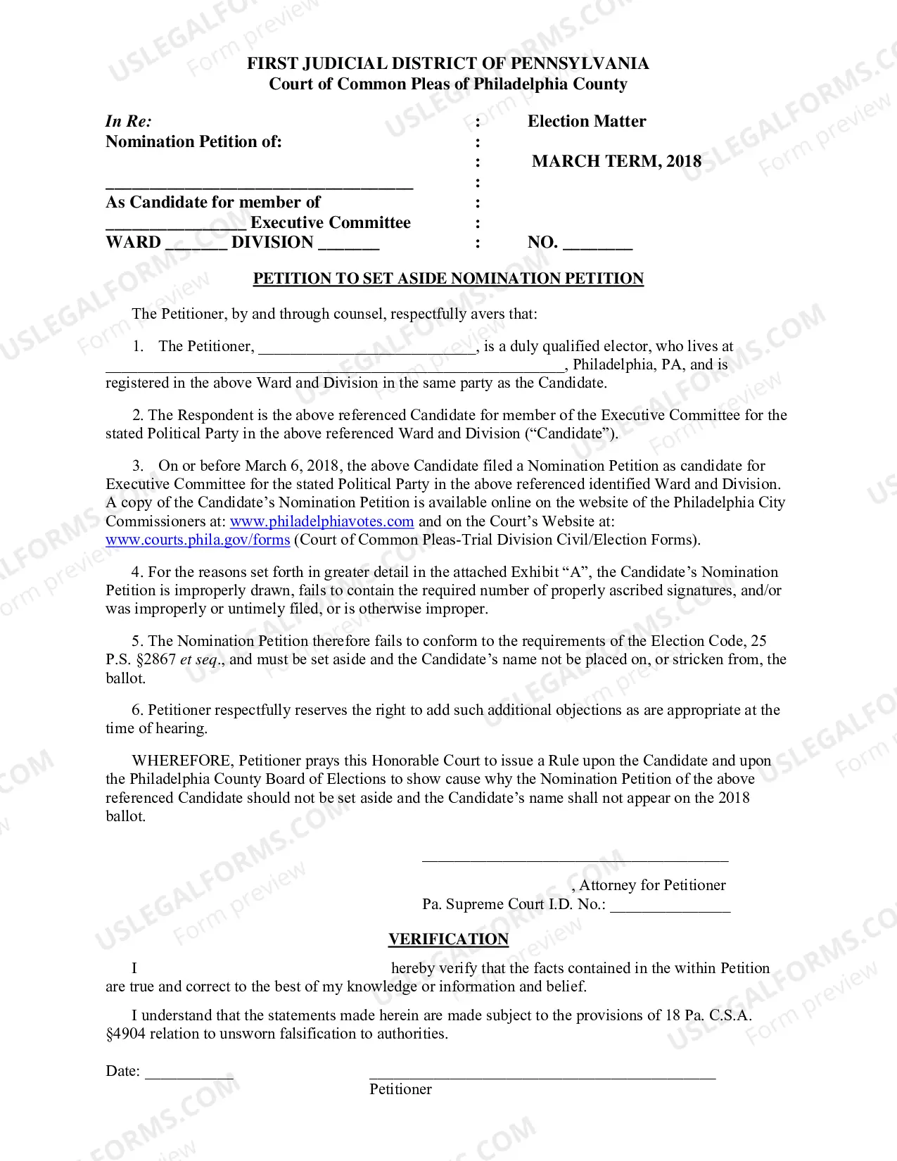 Preview Objections to Nomination Petitions - Primary Election, May 15, 2018