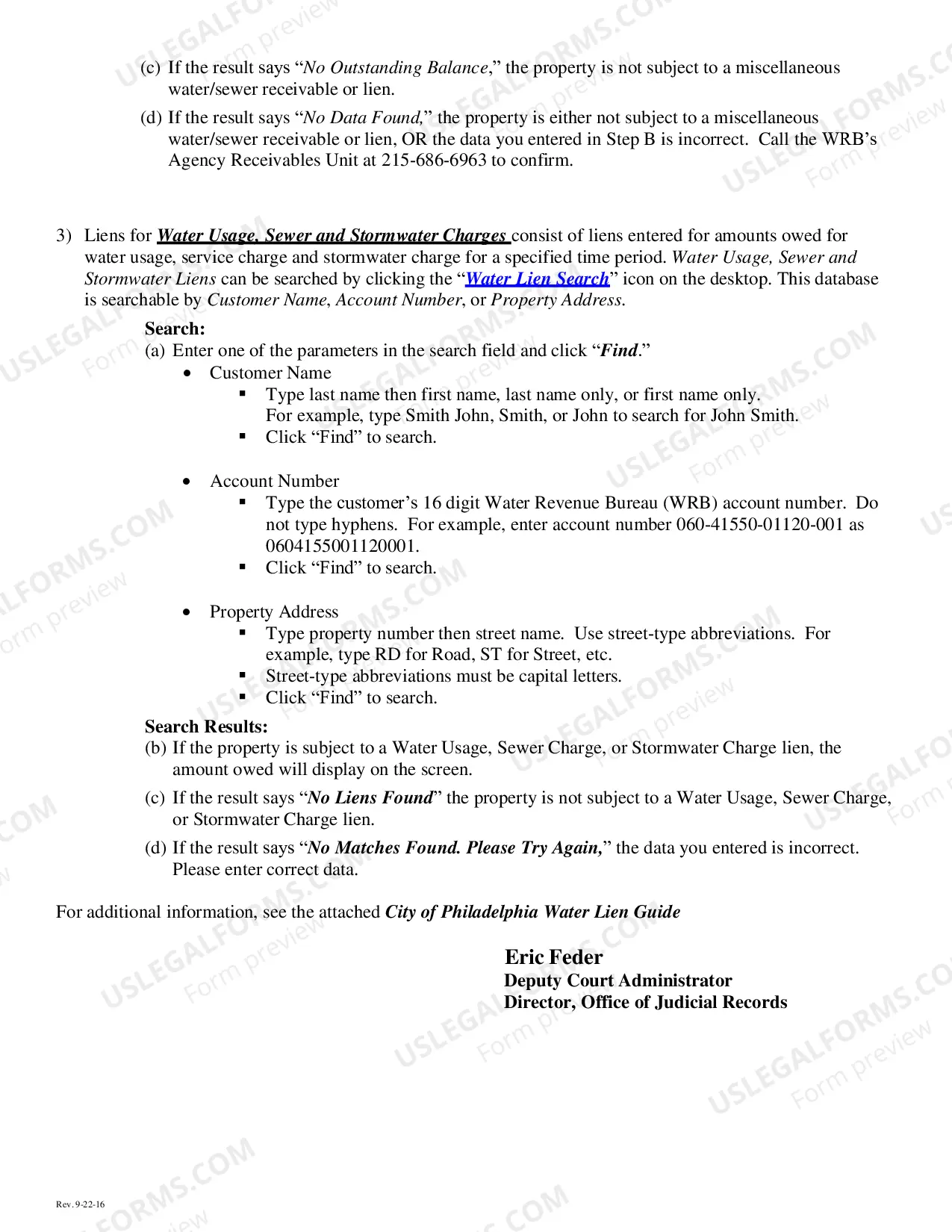 Preview instructions - Locality-In Rem Index - Water and Sewer Charges