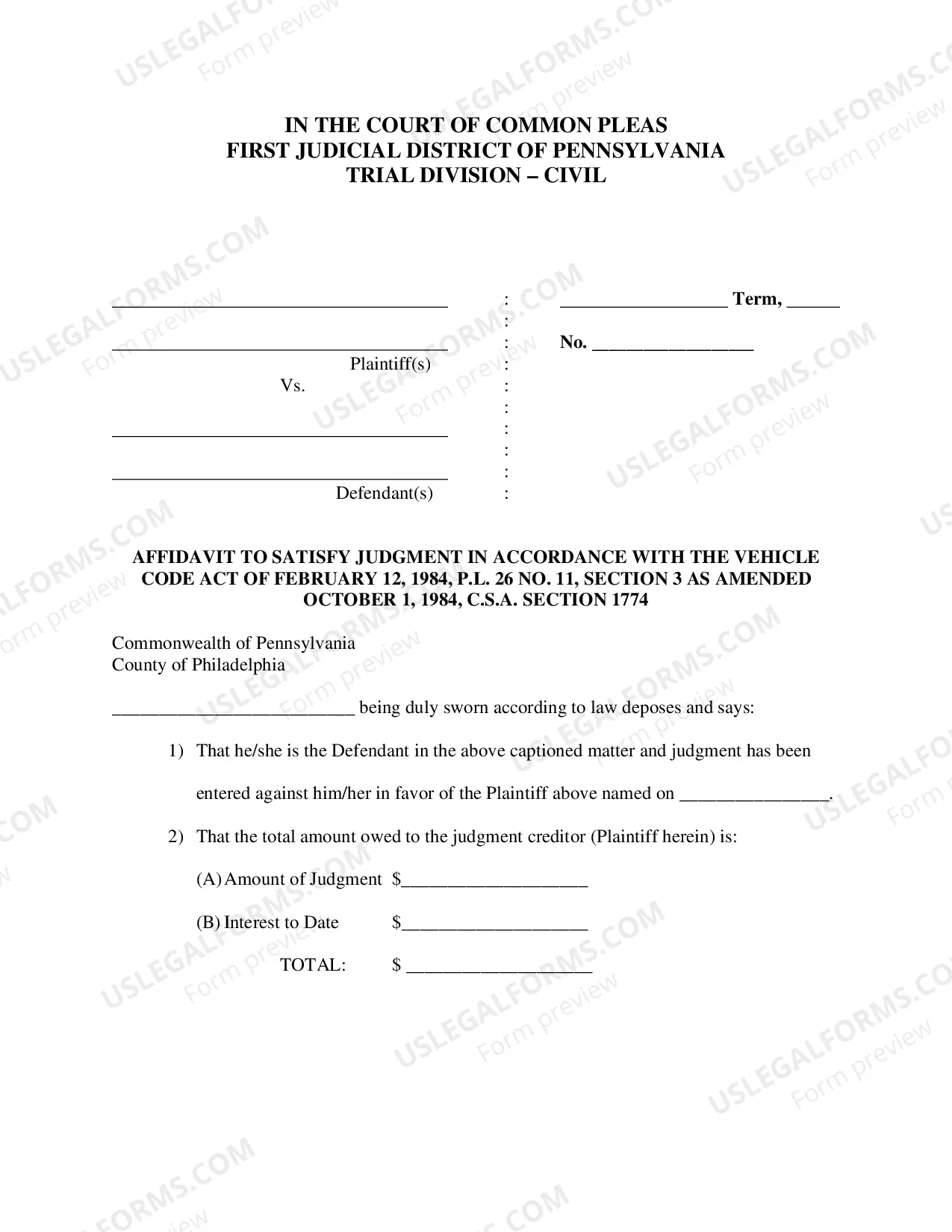 Preview Affidavit and Instructions to Satisfy Judgment - Motor Vehicle Case