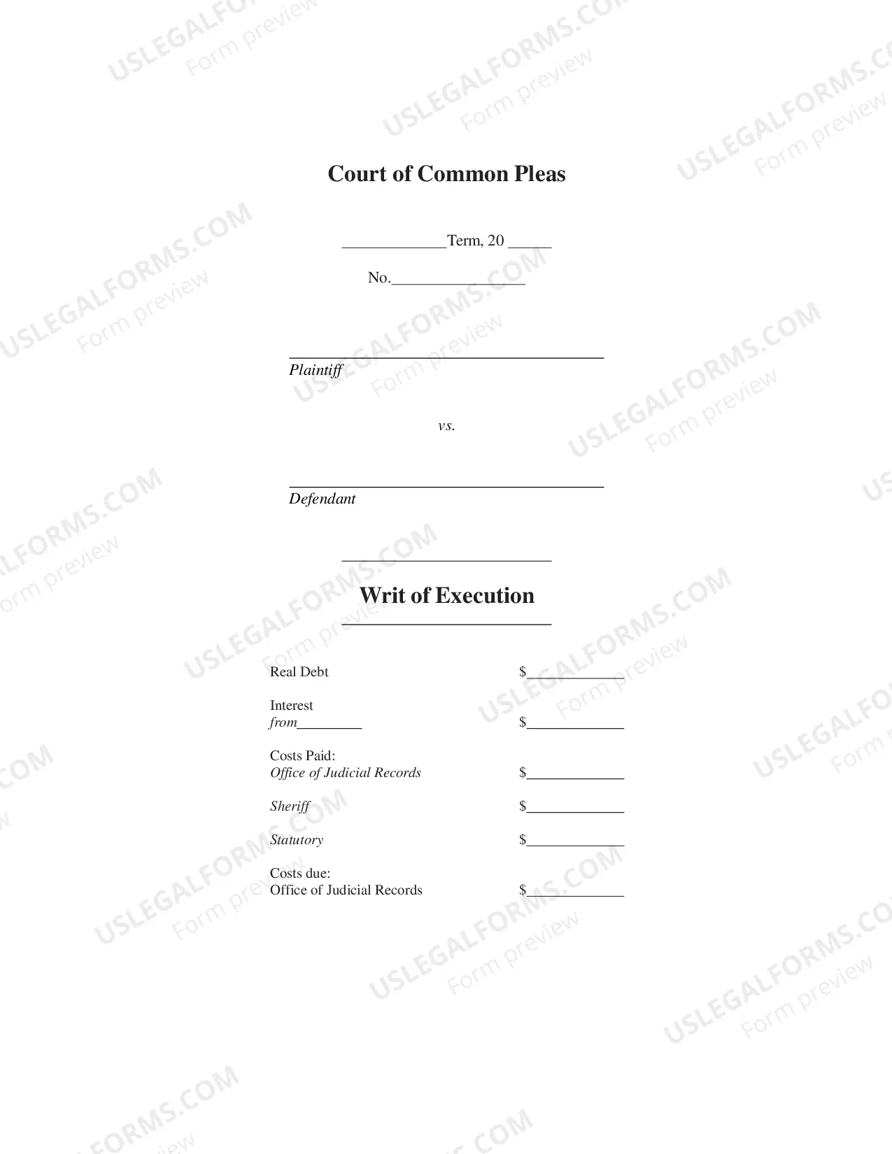 Preview Writ of Execution - Money Judgment - Form 10-225