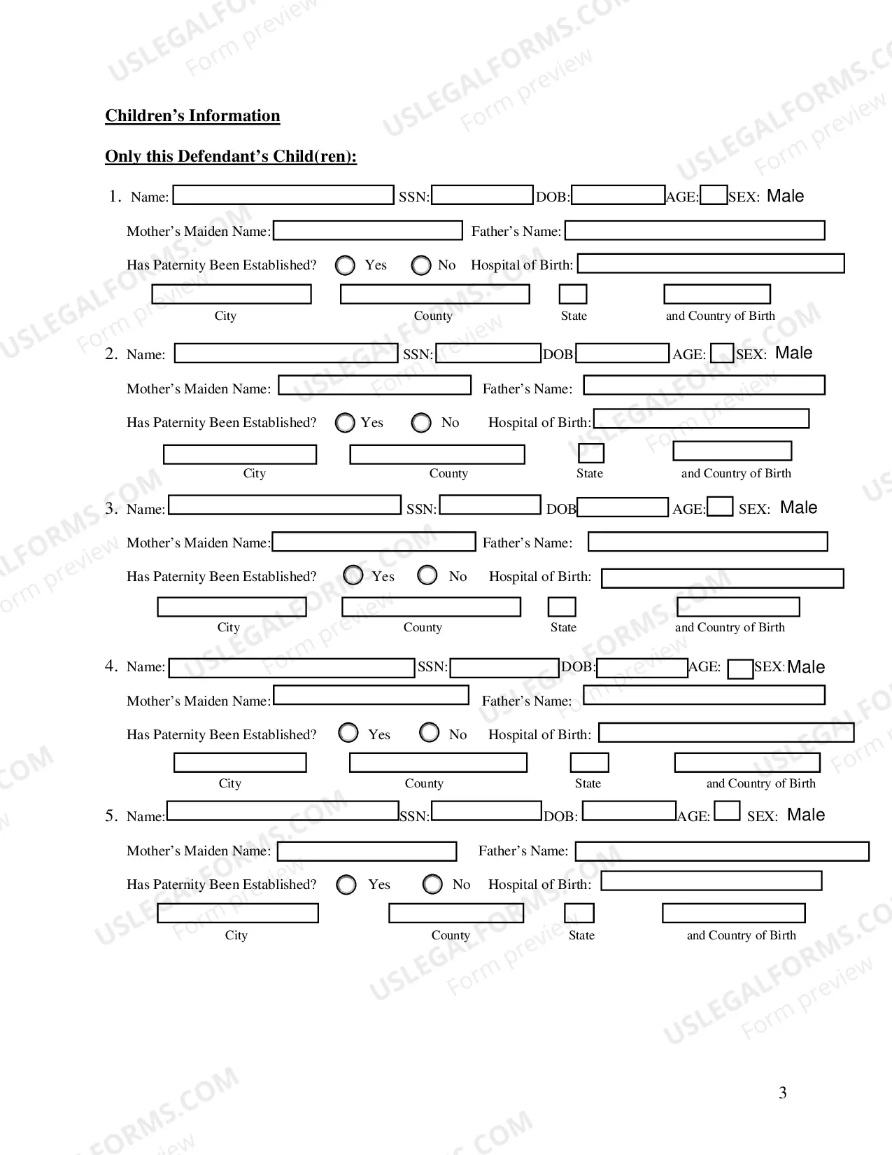 Preview Intake Information Questionnaire-Data Sheet