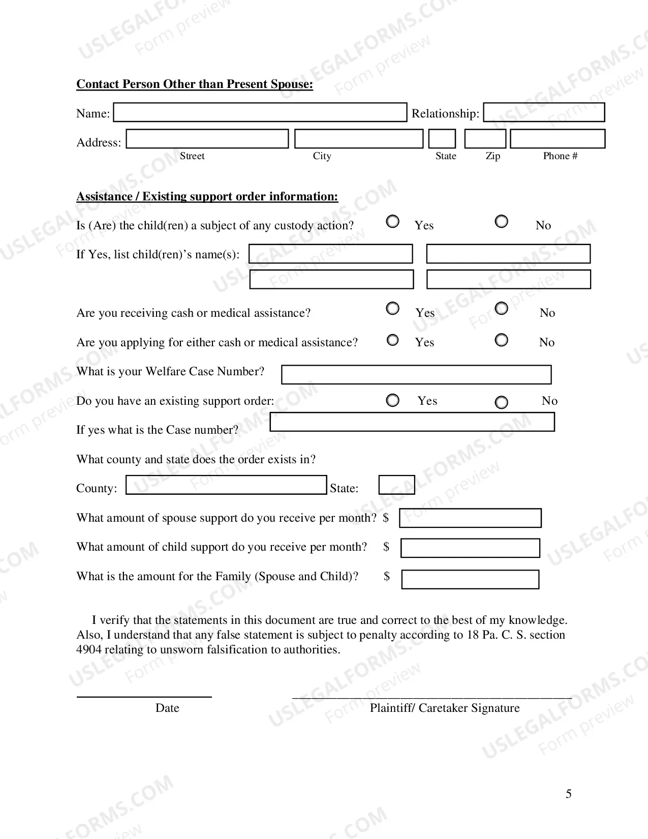 Preview Intake Information Questionnaire-Data Sheet