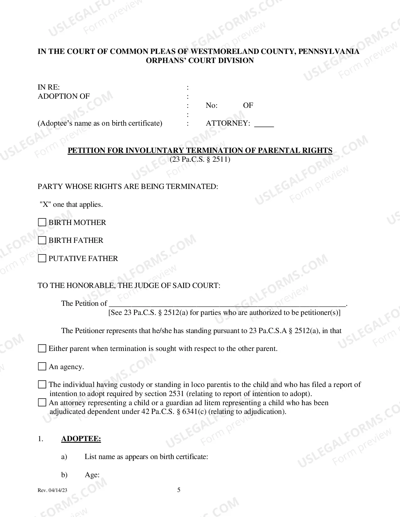 Preview Adoption - Involuntary Termination Petition