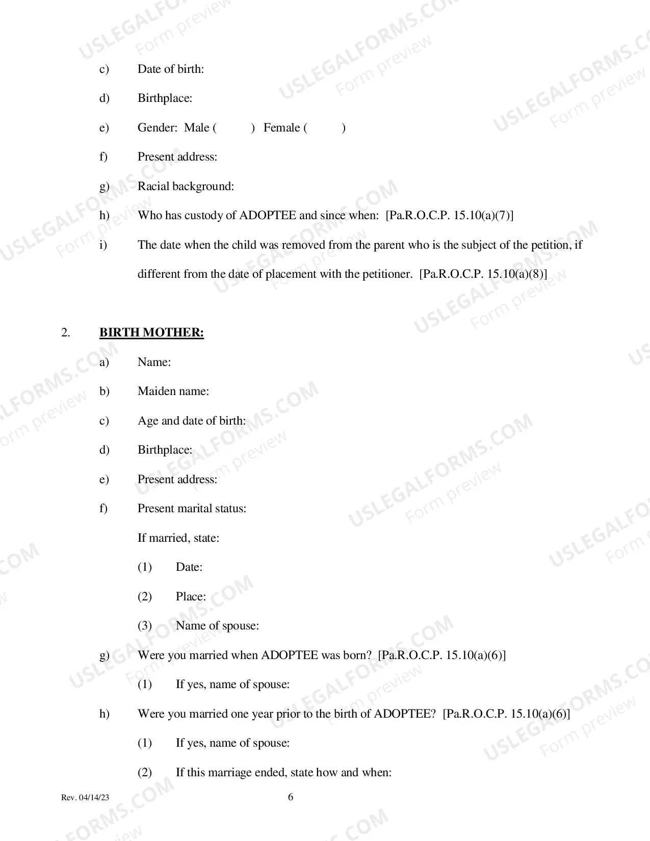 Preview Adoption - Involuntary Termination Petition