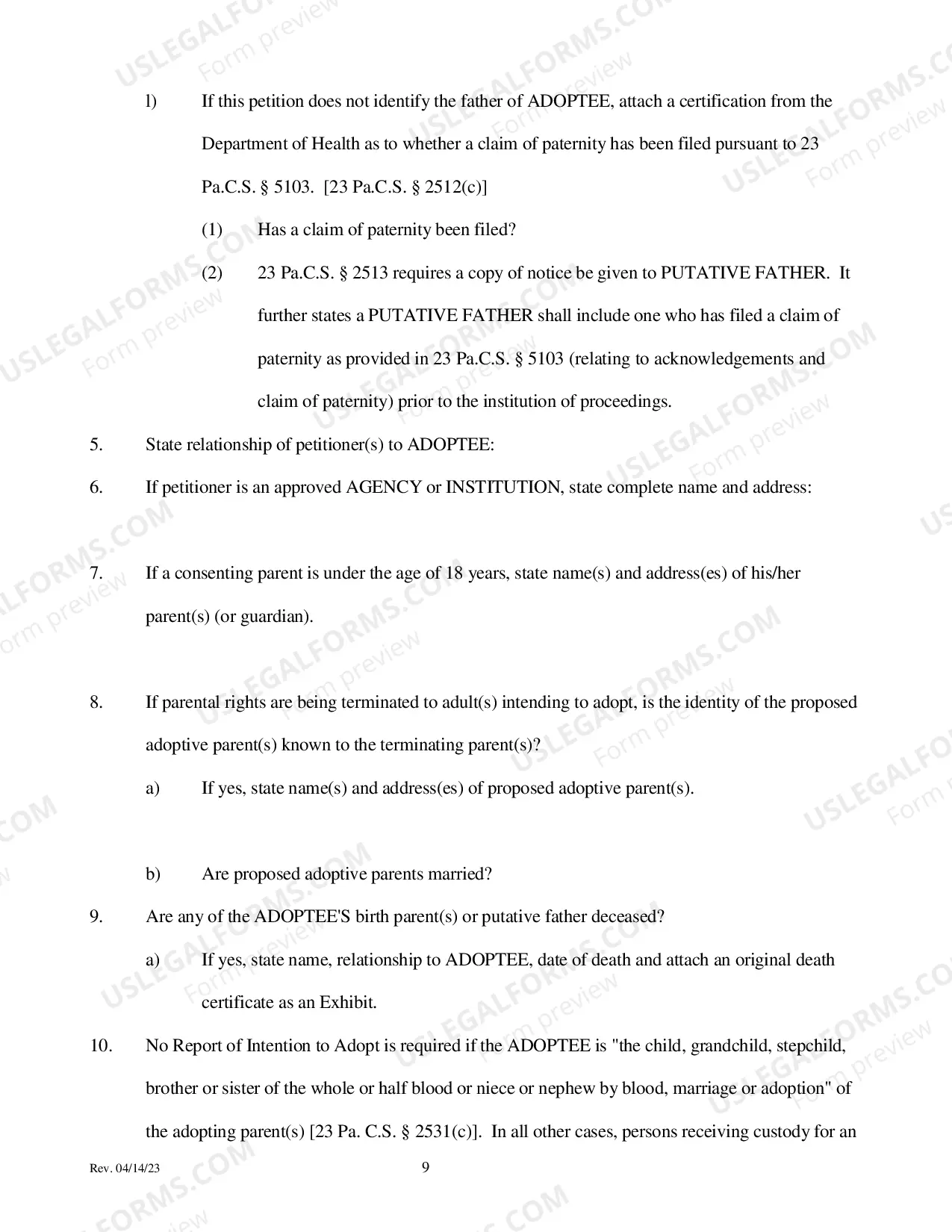 Preview Adoption - Involuntary Termination Petition
