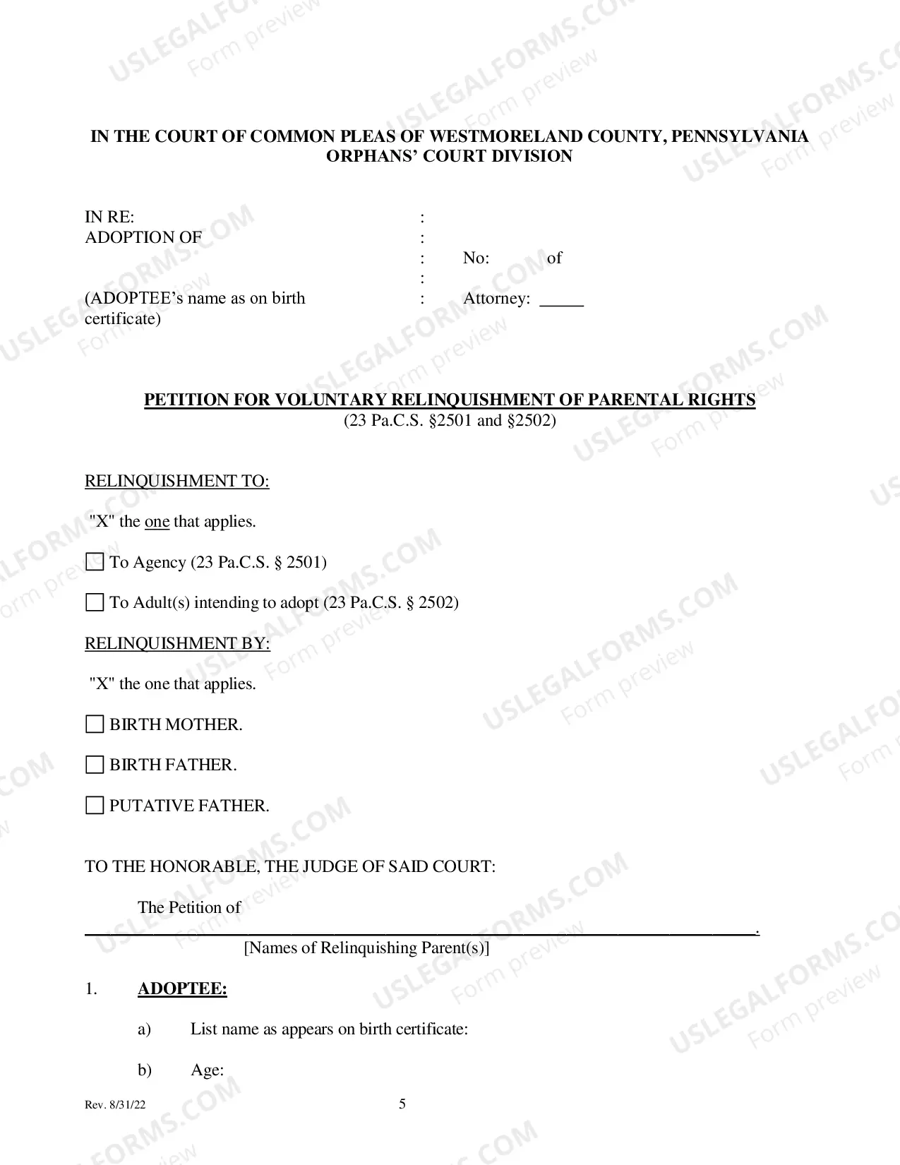 Preview Adoption - Voluntary Relinquishment Petition