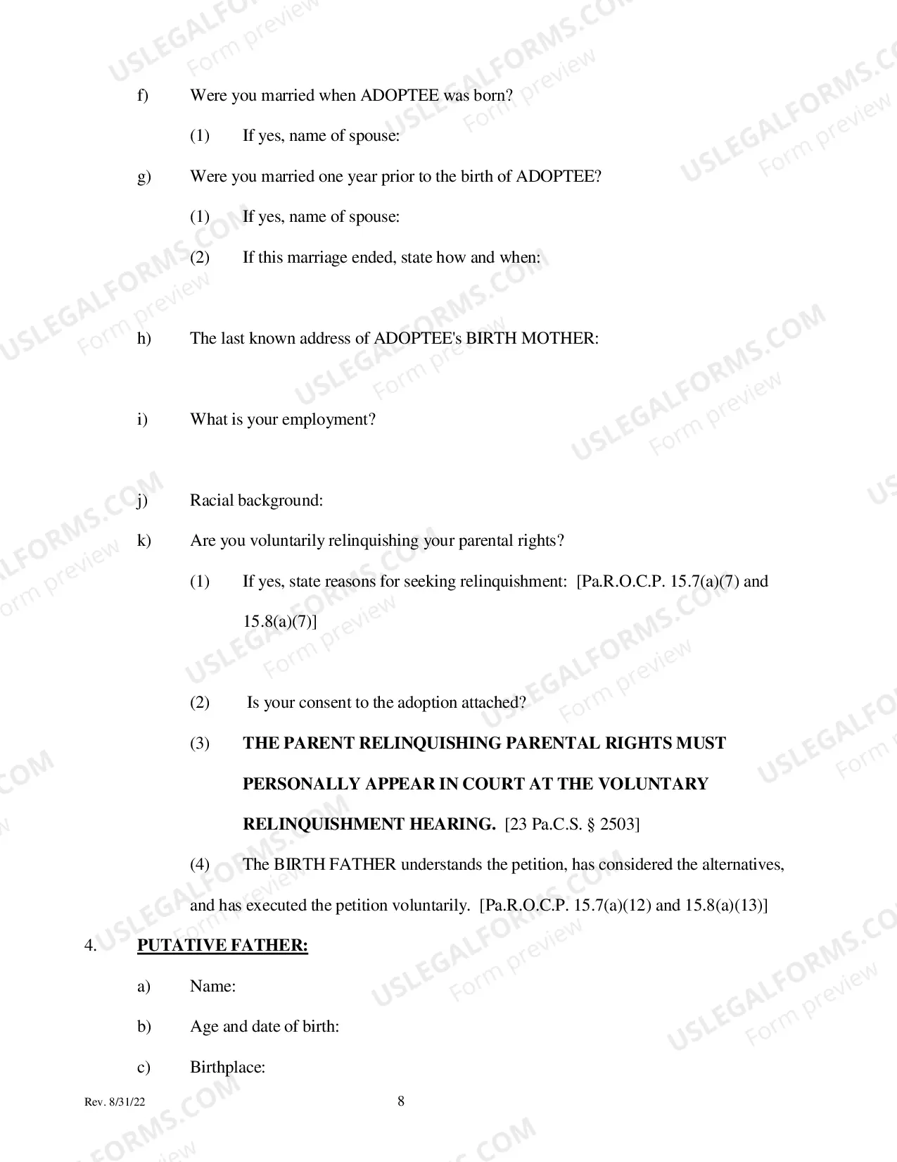 Preview Adoption - Voluntary Relinquishment Petition