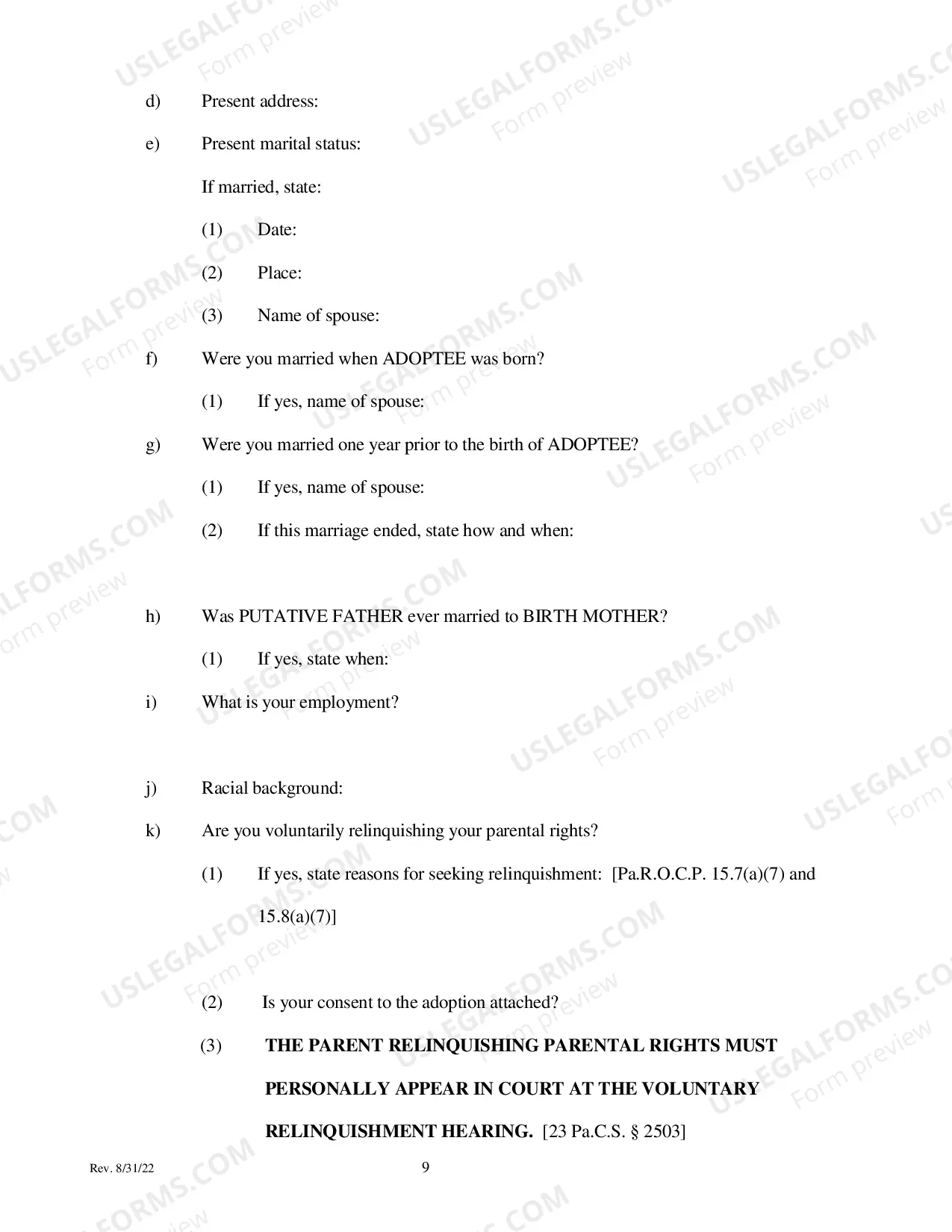 Preview Adoption - Voluntary Relinquishment Petition