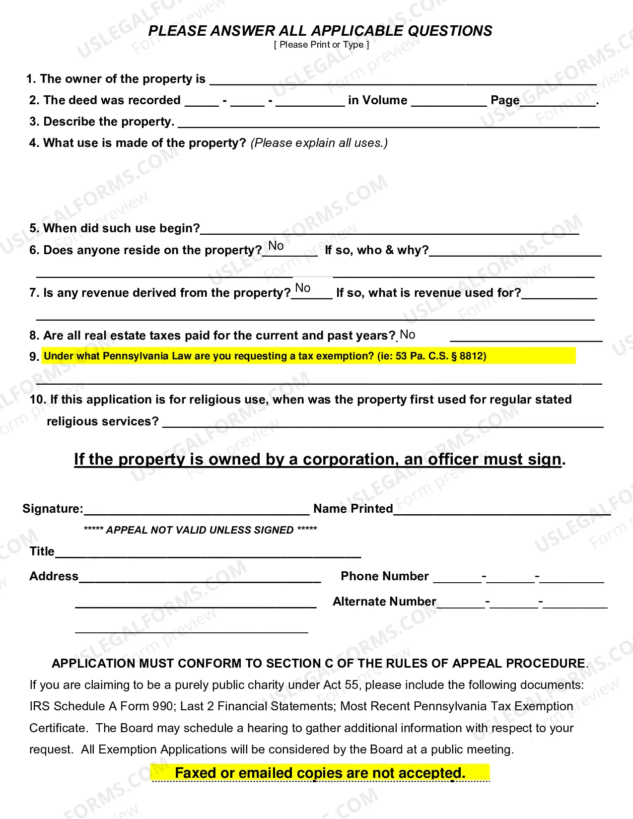 Preview Tax Assessment Exemption Application
