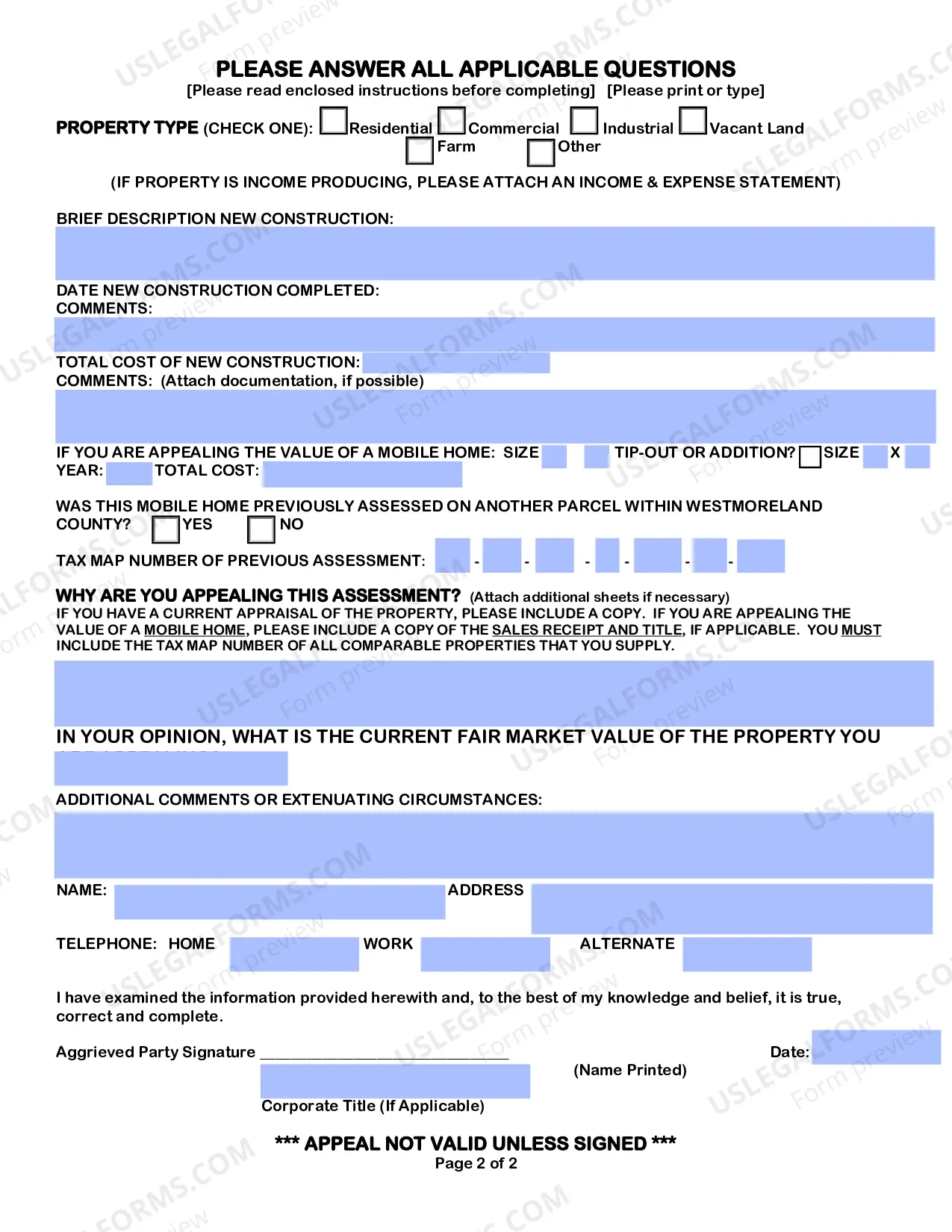 Preview Change in Assessed Value Appeal Form