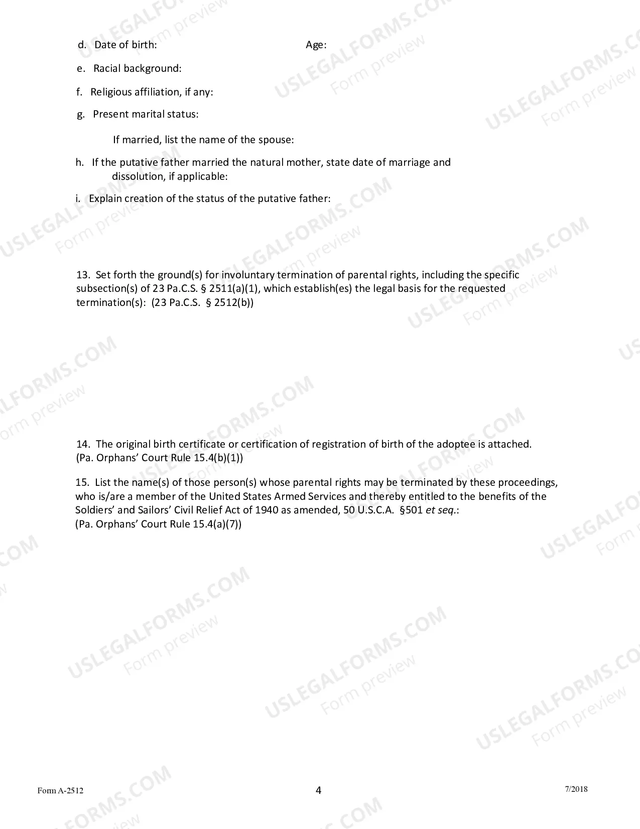 Preview Petition For Involutatry Termination of Parental Rights