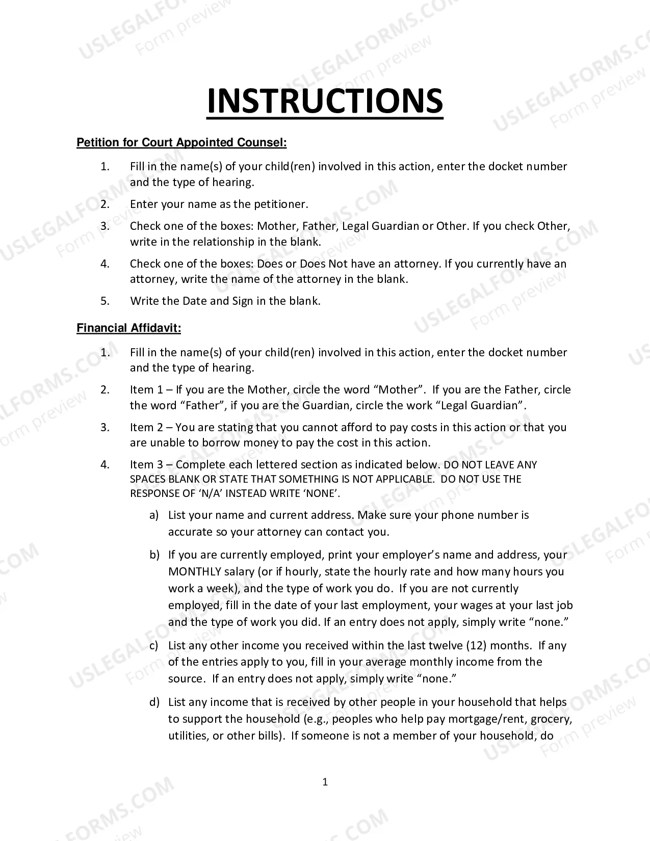 Preview Petition for Court Appointed Counsel and Financial Affidavit form and Information Packet