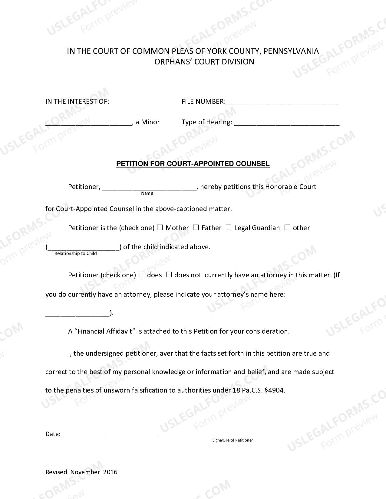 Preview Petition for Court Appointed Counsel and Financial Affidavit form and Information Packet