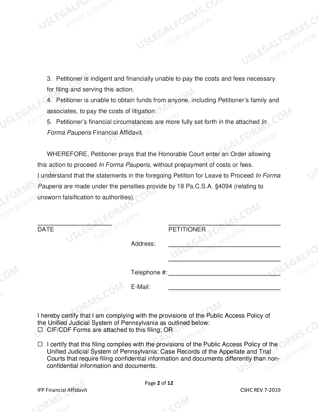 Preview Petition For Leave to Proceed In Forma Pauperis