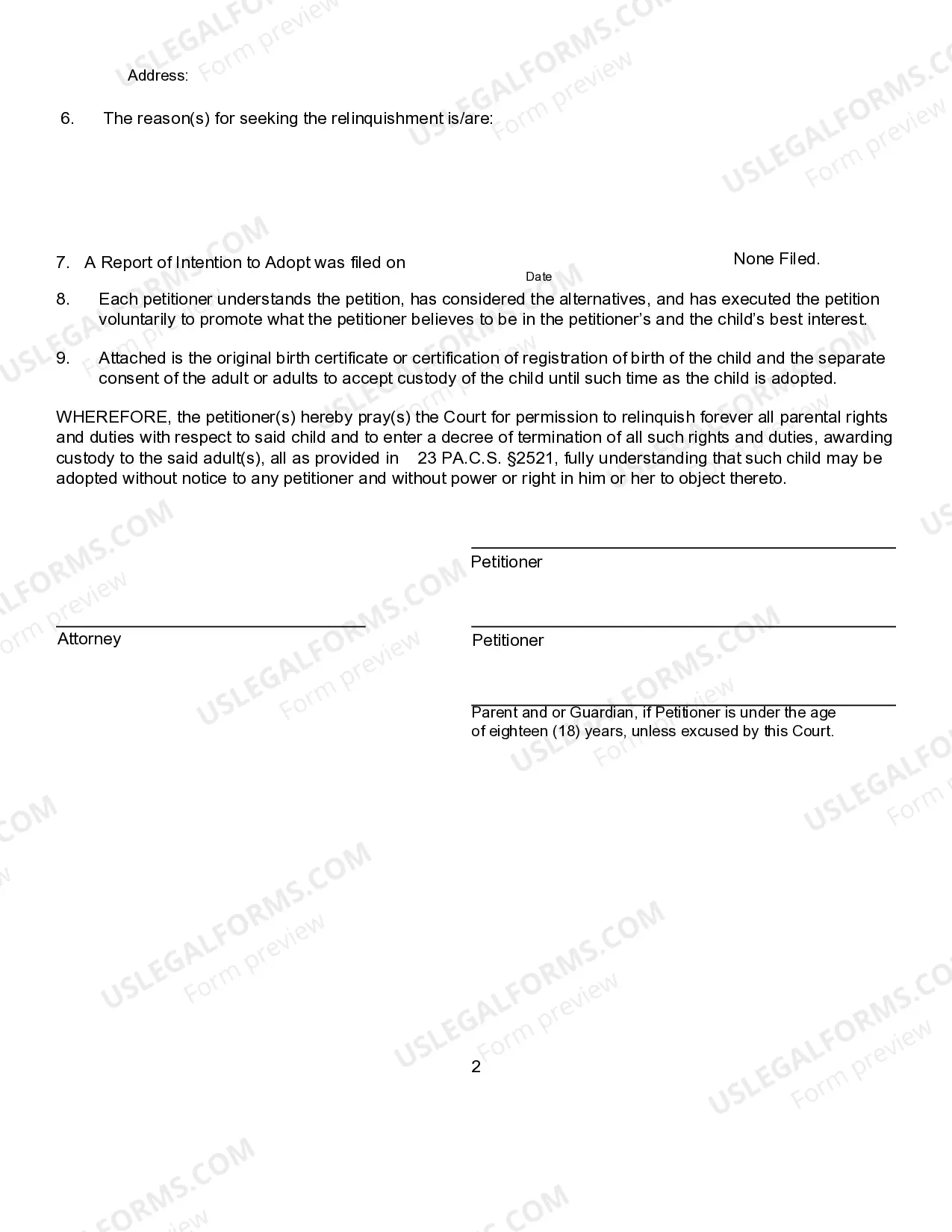 Preview Petition For Voluntary Relinquishment of all Parental Rights and Duties to Adult
