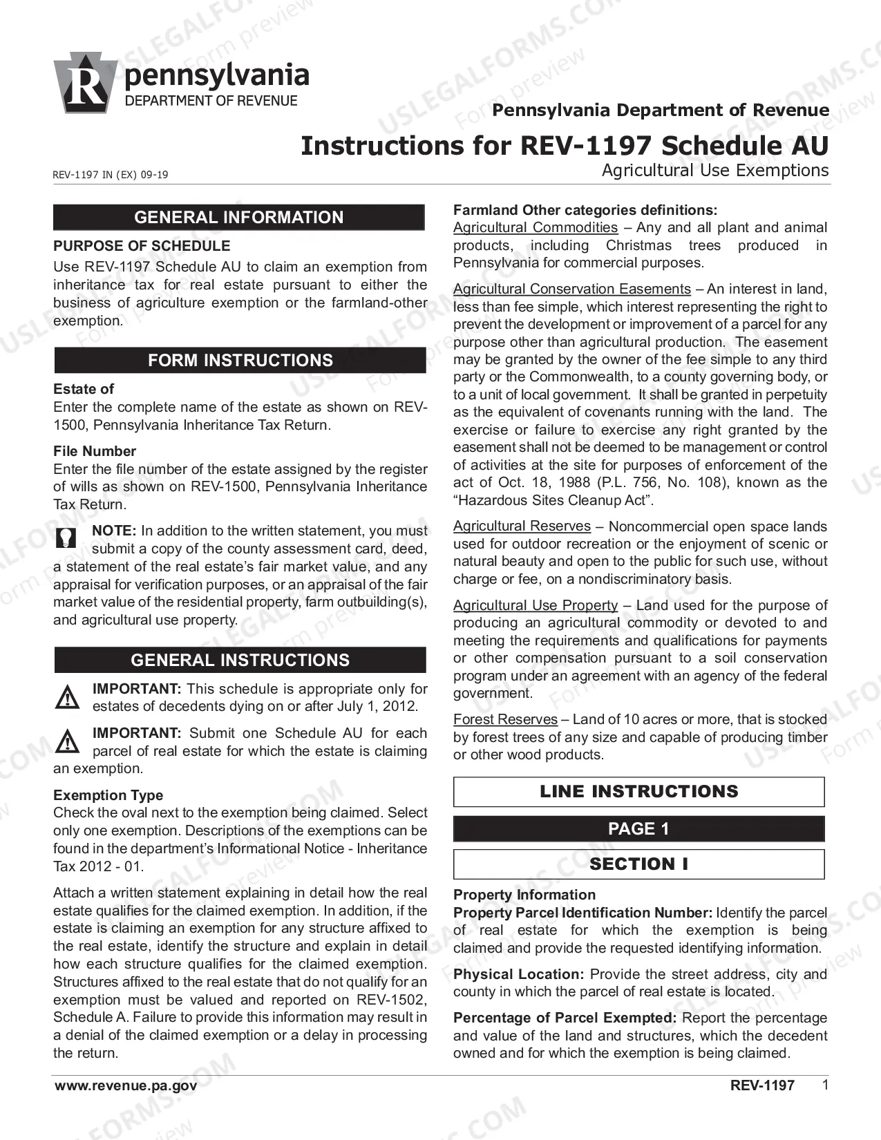Preview REV-1197 -- Schedule AU -- Agricultural Use Exemptions