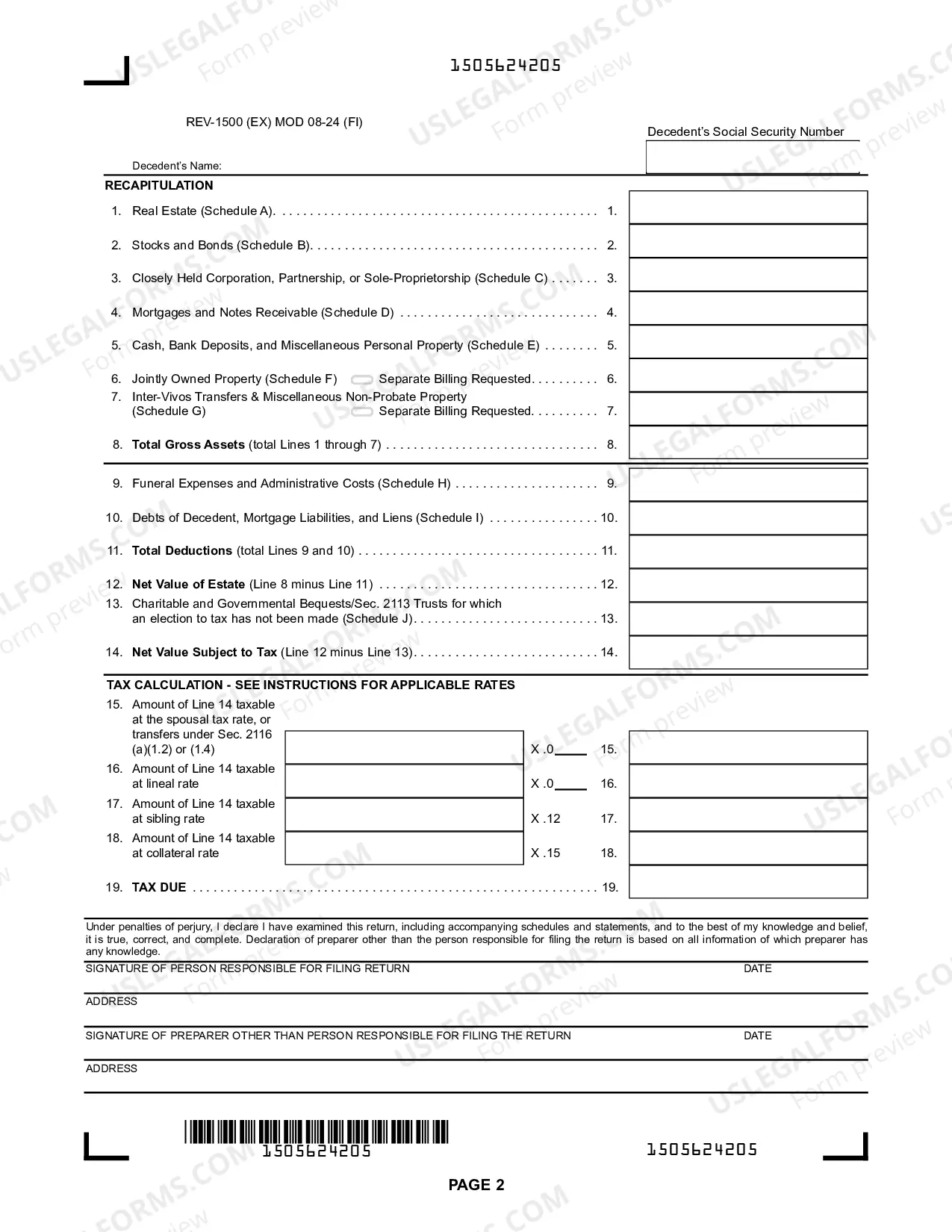Preview REV-1500 -- Inheritance Tax Return - Resident Decedent