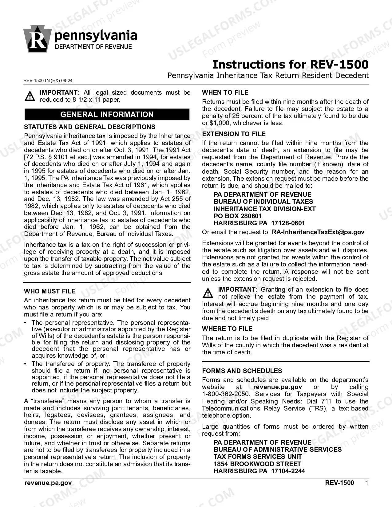 Preview REV-1500 -- Inheritance Tax Return - Resident Decedent