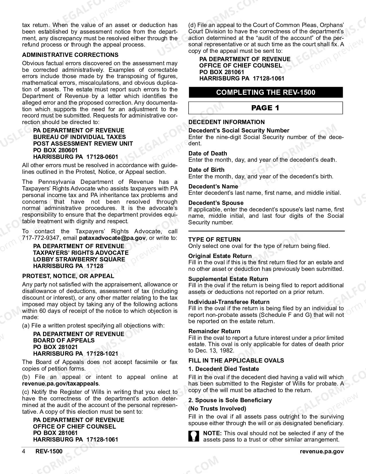 Preview REV-1500 -- Inheritance Tax Return - Resident Decedent