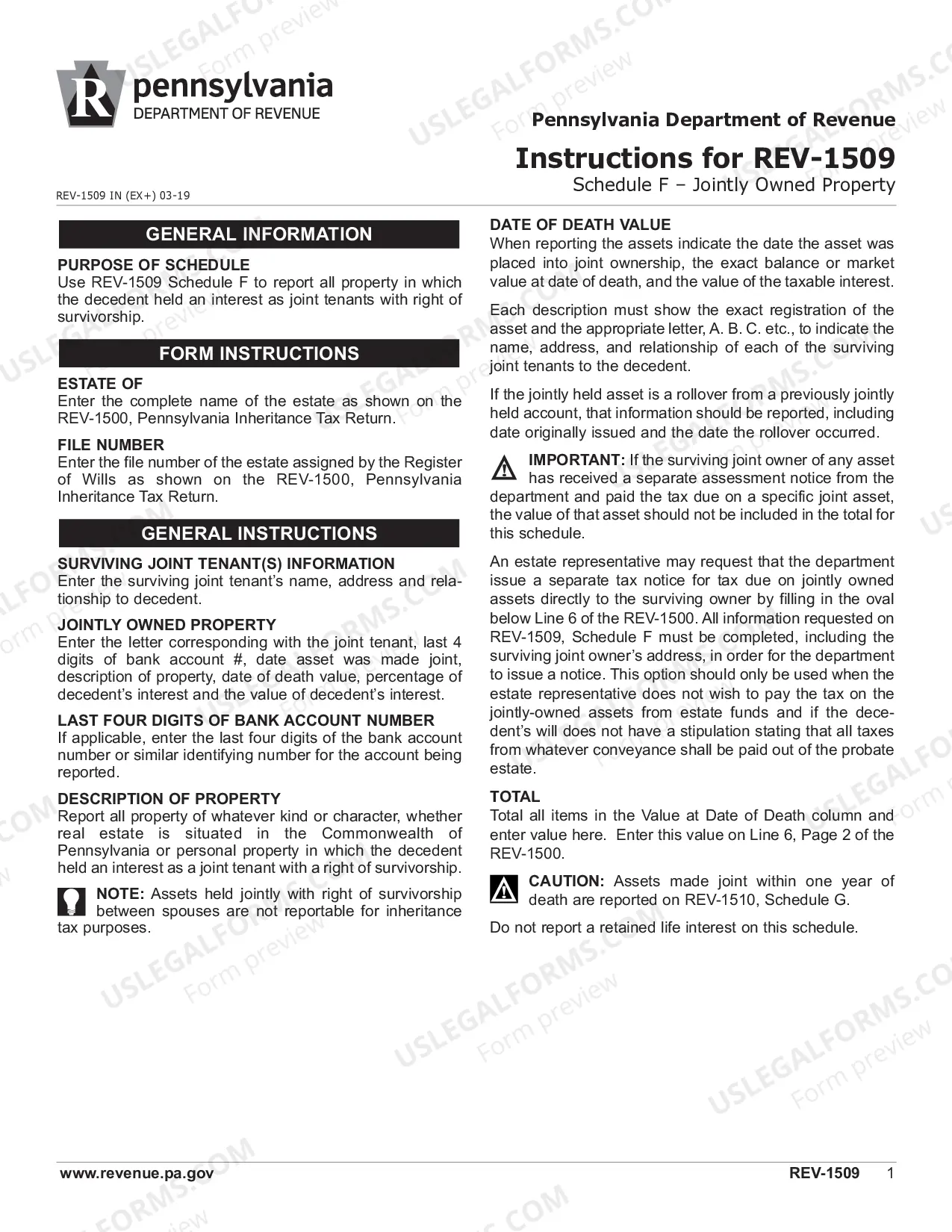 Preview REV-1509 Instructions -- Instructions for REV-1509 Schedule F - Jointly-Owned Property