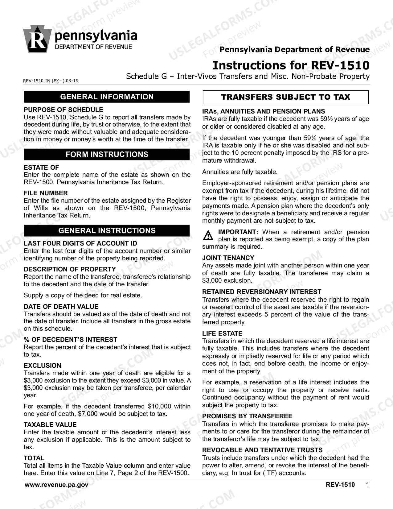 Preview REV-1510 Instructions -- Instructions for REV-1510 Schedule G - Inter-Vivos Transfers & Misc. Non-Probate Property